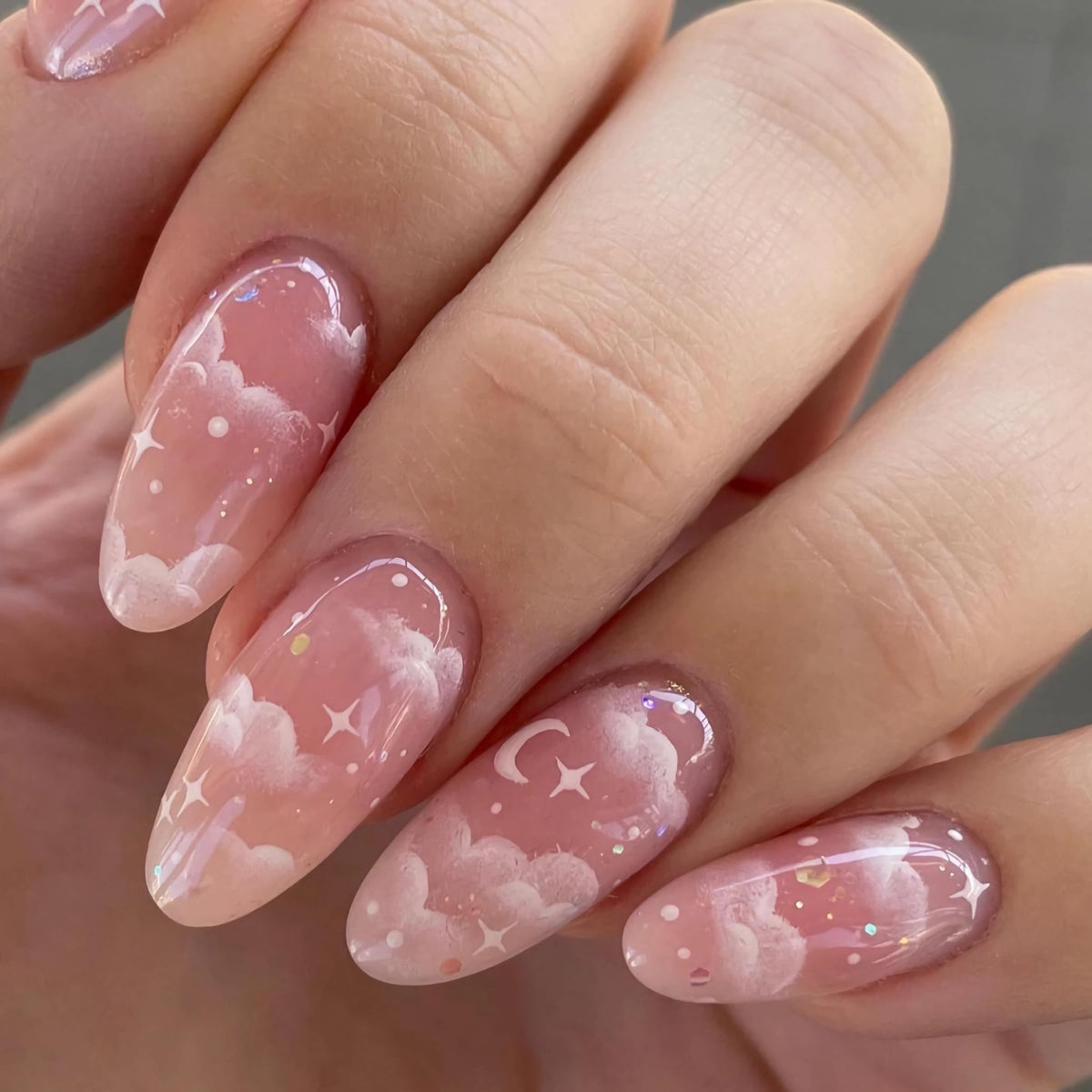 BABALAL Bridal Lace Press On Nails, Medium Almond Fake Nails with 3D White Floral & Pearl, Nude Ombre Acrylic Stick On Nails for Women 24Pcs