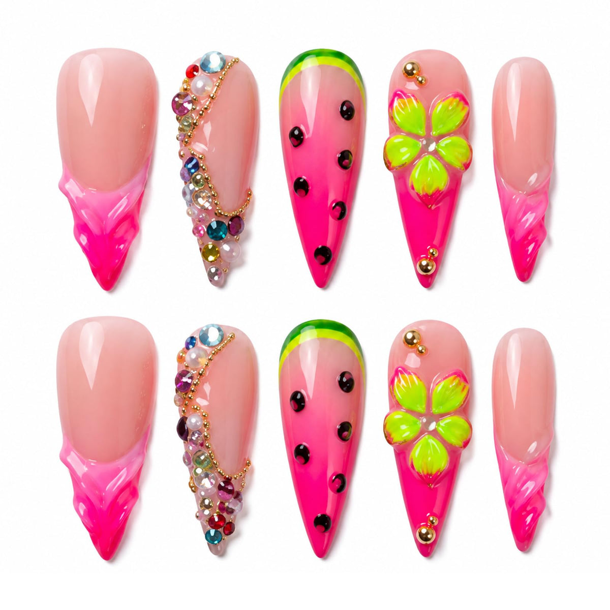Handmade Press on Nails Long Stiletto - Liquid Gold Abstract Acrylic Fake Nails with Blue Shimmer & Colorful Gems, Luxury Reusable False Nails 10 pcs (Size M)