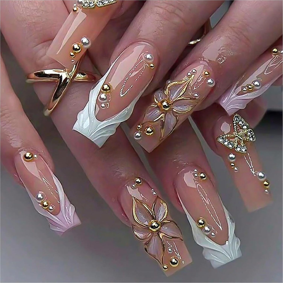Press on Nails Long Square - 3D Flower Fake Nails with Pearls Design, Luxury Gold Chrome Butterfly French Tip Baroque Baddie False Nails for Women, 24 Pcs