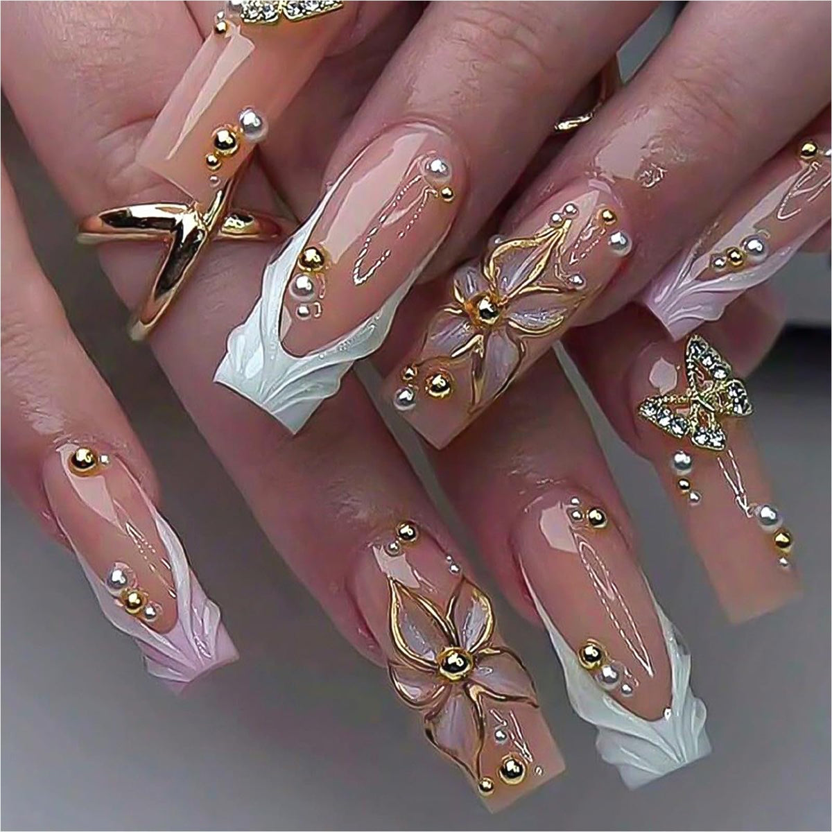 Press on Nails Long Square - 3D Flower Fake Nails with Pearls Design, Luxury Gold Chrome Butterfly French Tip Baroque Baddie False Nails for Women, 24 Pcs
