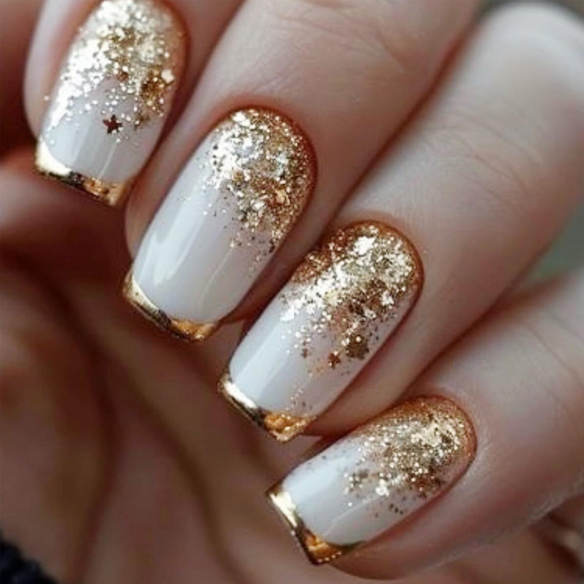 Glossy Nude Gold French Tip Press On Nails Short Almond, 30 PCS