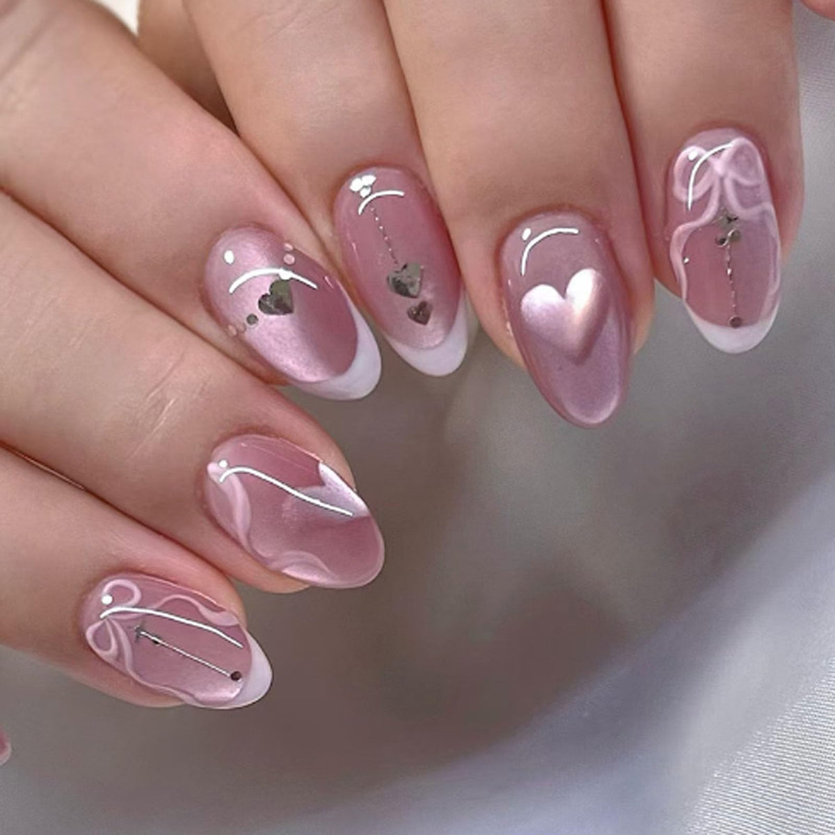 French Tip Press on Nails Almond Medium Fake Nails with Chrome Glitter Designs Nails Press ons Pink Gold Glue on Nails Natural False Nails Glossy Artificial Nails Simple Stick on Nails for Women 24Pcs