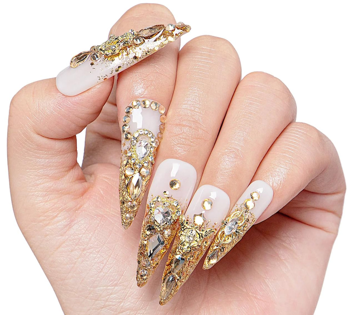 LOVFUL Reusable Press on Nails | Regal Glitz | Salon Quality Sustainable Style Handmade with Full Covered Crystals | Stiletto Mid Length 1.7 in | H259-L