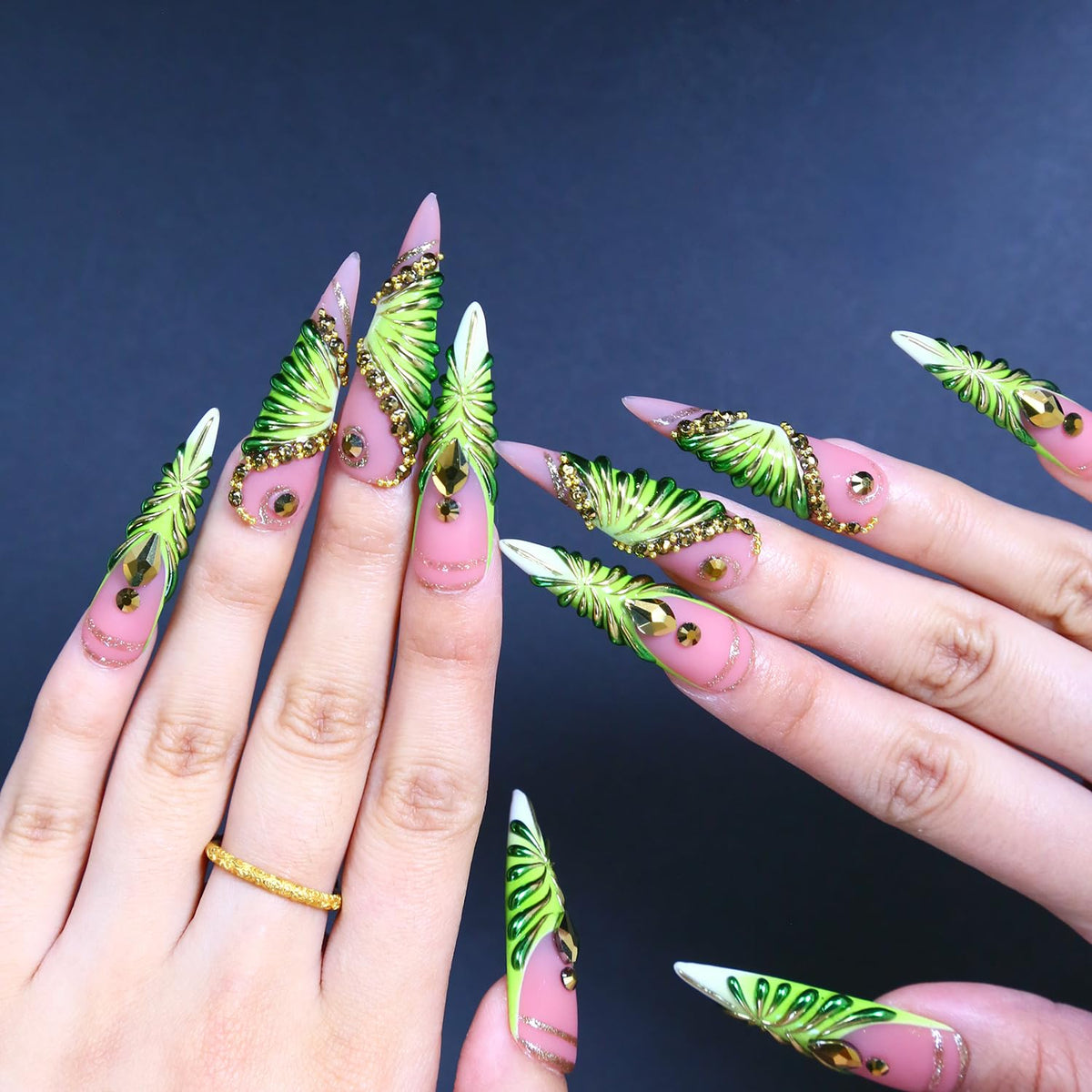 Press on Nails, Handmade Medium Almond Fake Nails, 3D Art False Fingernails with Design Full Cover Fake Nail, Glossy Acrylic Stick on Nails Artificial Nails for Women Manicure 10 Pcs (L)