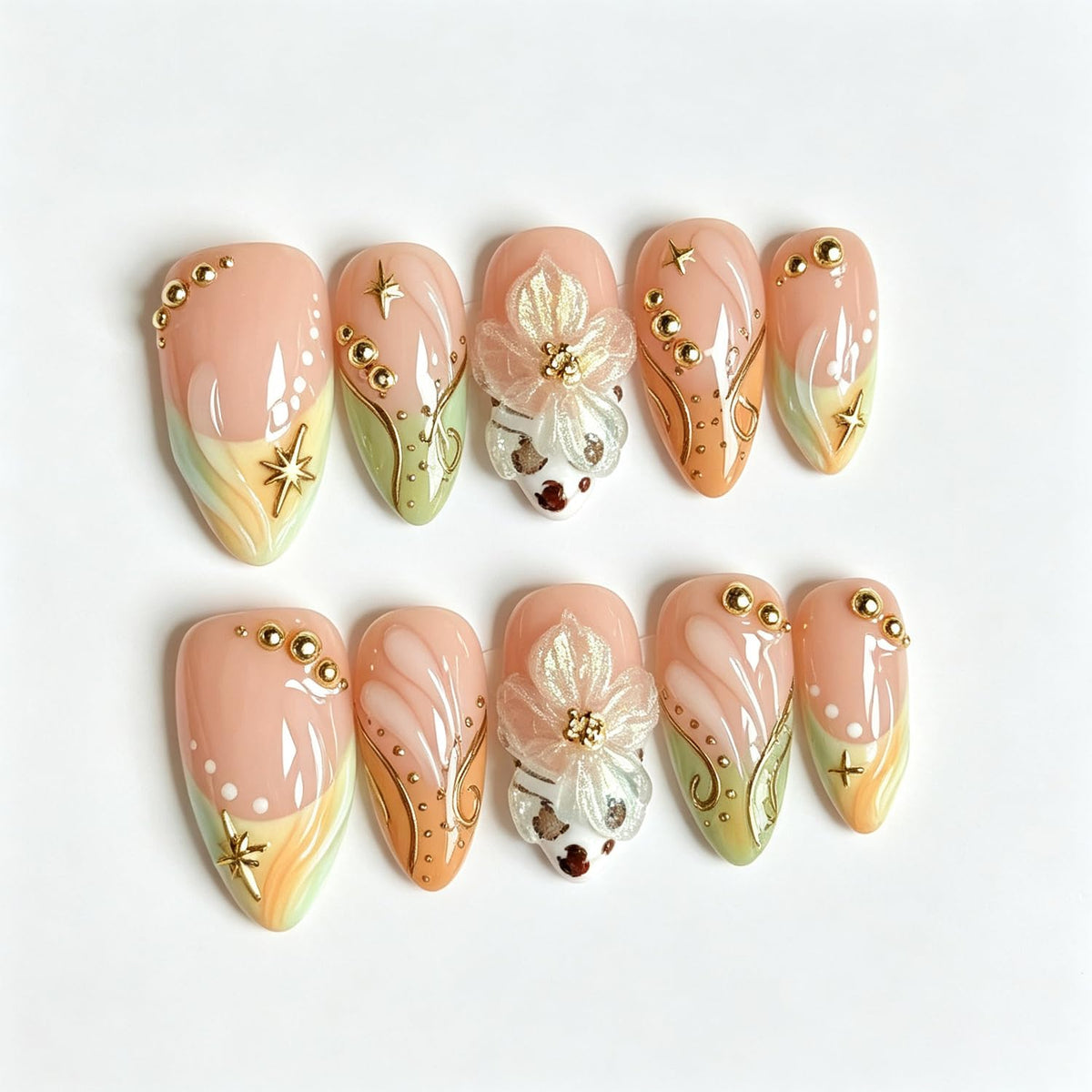 Handmade Press on Nails Gold Beads Almond Fake Nails 10Pcs(Size M)