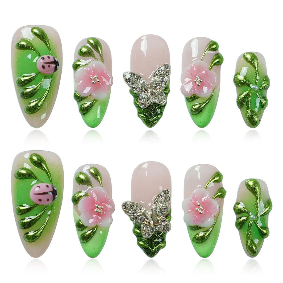 Gothic 3D Floral Press on Nails Medium Almond - Gold Cross & Rhinestone Design, Handmade Pearl Luxury Dark Romantic Reusable Nails (Orange Diamond Sweet Luxury,L)