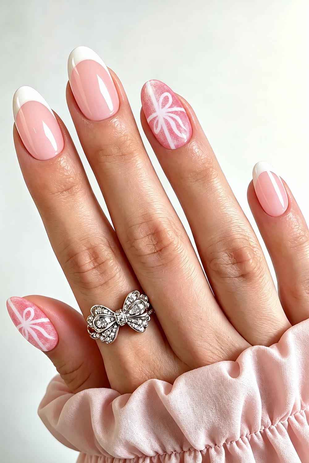 AzureBeauty Short Almond French Tip Press On Nails, Glazed Donut, 32 Pcs
