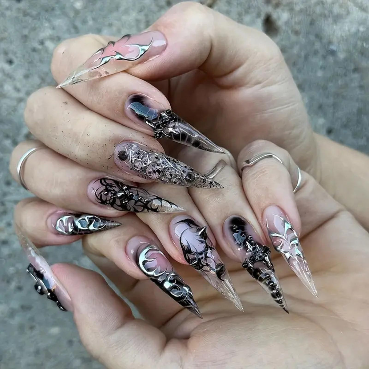 3D Gold Press on Nails Long Stiletto Fake Nails Glossy Nude Blue Full Cover