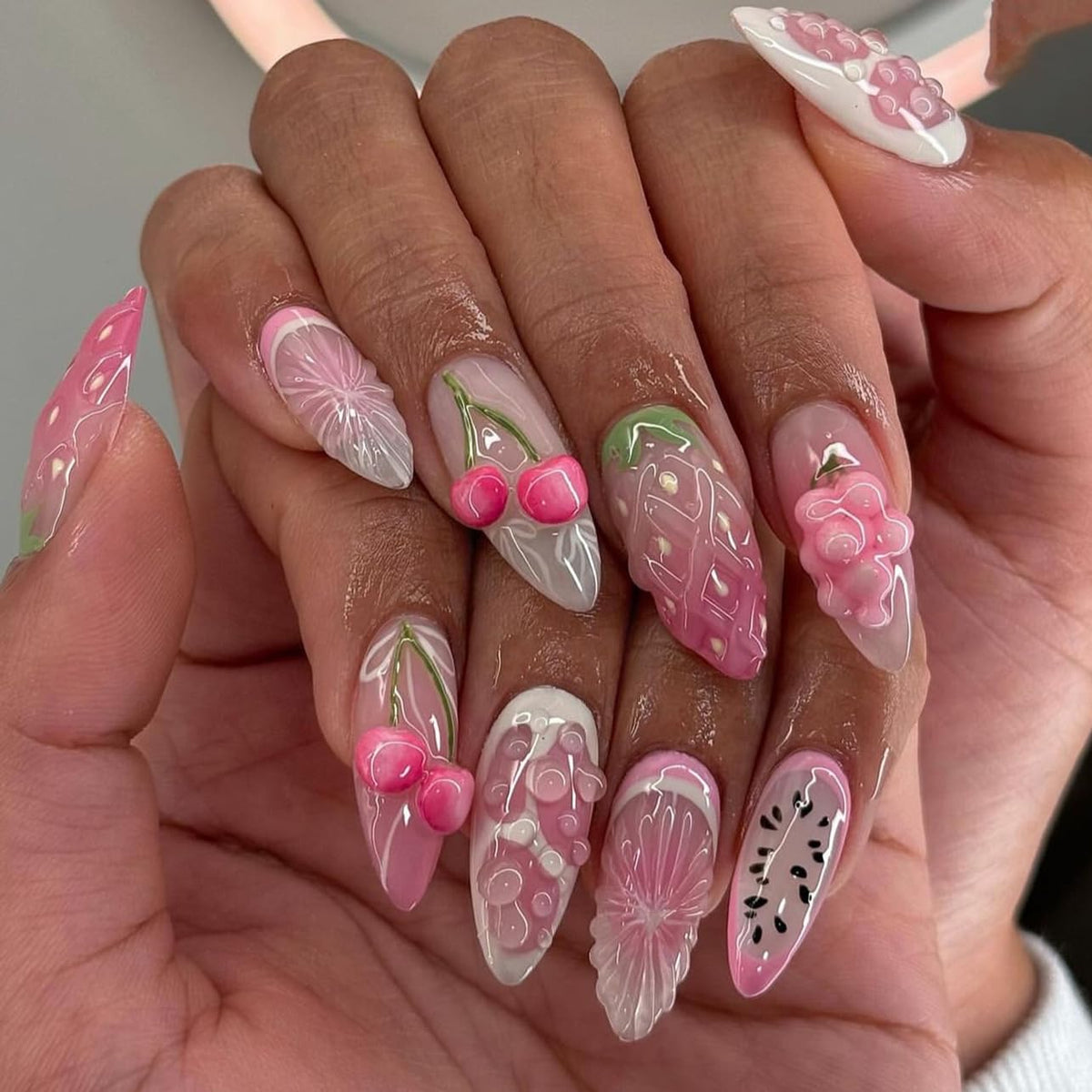 Green Press on Nails Medium Almond Fake Nails with 3D Pearl Rhinestones Designs Gold French Tips Flower Acrylic Nails False Nails White Floral Full Cover Glossy Stick on Nails for Women 24Pcs