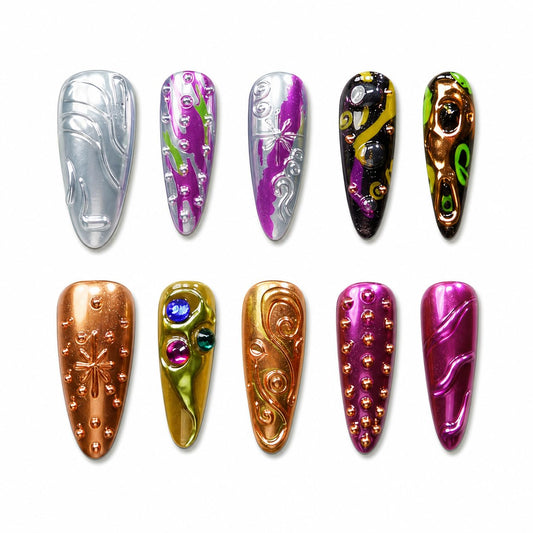10pcs 3D Metallic Press on Nails Long Almond Handmade, Luxury Ornate Textured False Nails with Gold Silver Chrome Designs, Punk Style Studded Glue on Nails for Women, Gothic Avant-Garde Acrylic Nails