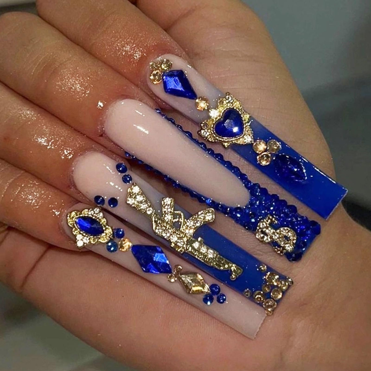 MISUD Press on Nails - Extra Long Square Glue on Nails with French Tip, Acrylic Dollar Money Rhinestone Design 24 pcs