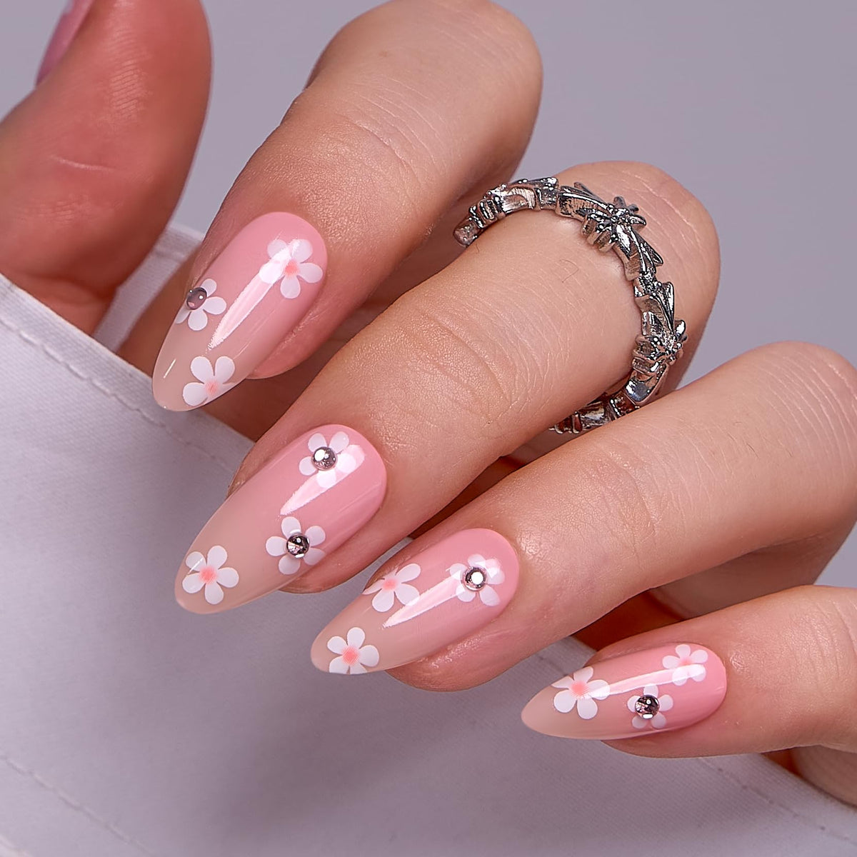 CurvLife Long French Tip Press On Nails, Pearl Rhinestones, Soft Gel