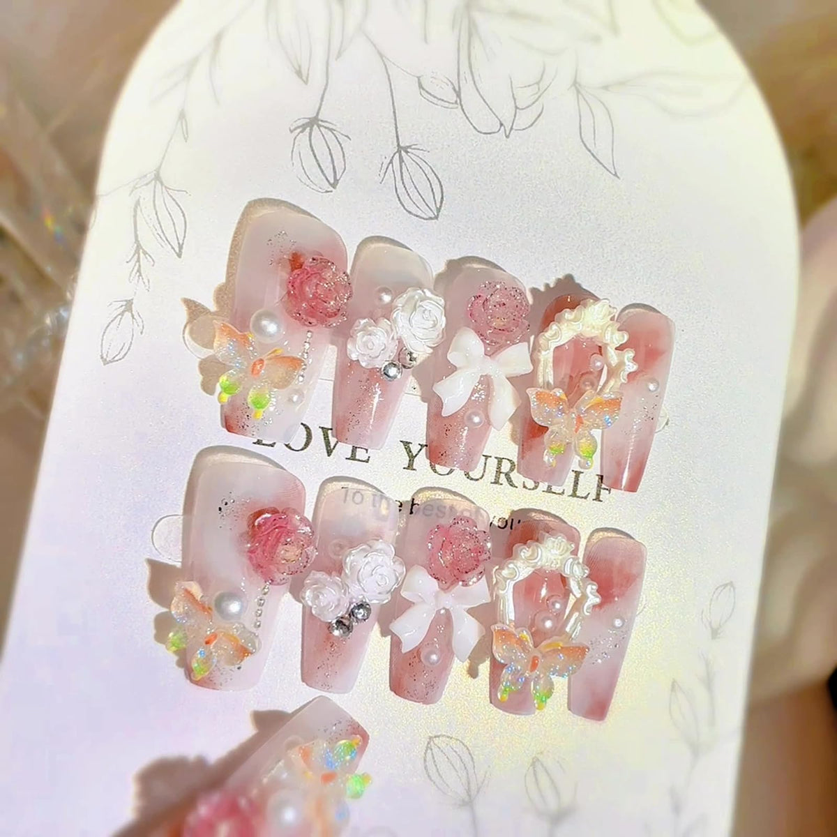 SINHOT Luxury Press on Nails - Long Coffin Fake Nails 3D Handmade Cute Pink Reusable False Nails with Rhinestone Designs,DIY Artificial Nail Art, 24pcs
