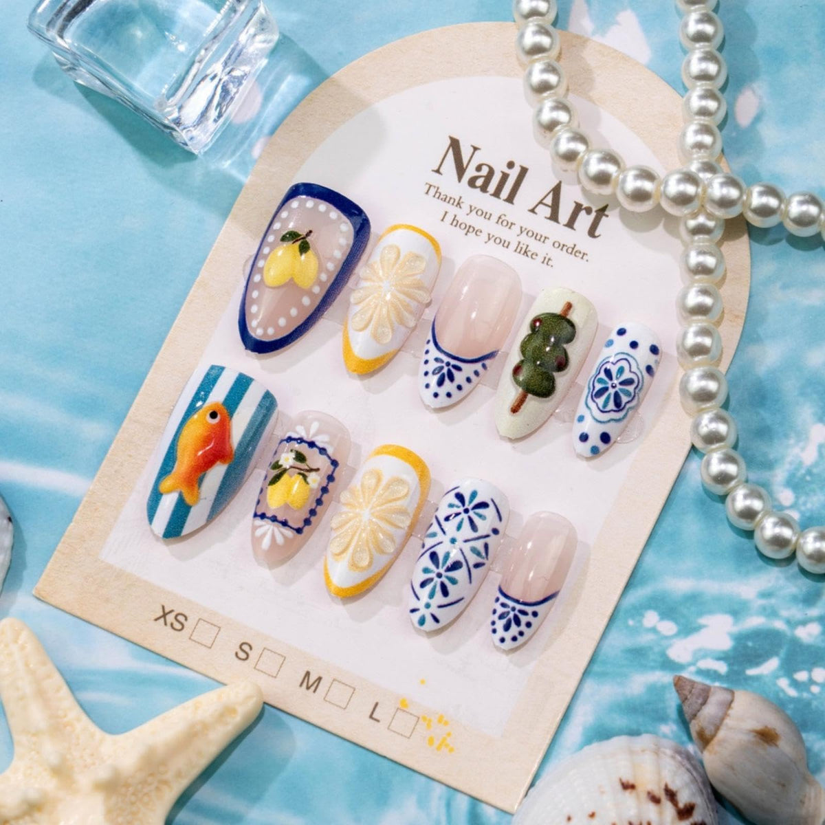 3D Handmade Pink Flower Press on Nails Blue French Tip Almond Fake Nails with Gold Metal Charms Luxury Reusable Full Cover Pink Acrylic Nails Press on for Women 24Pcs