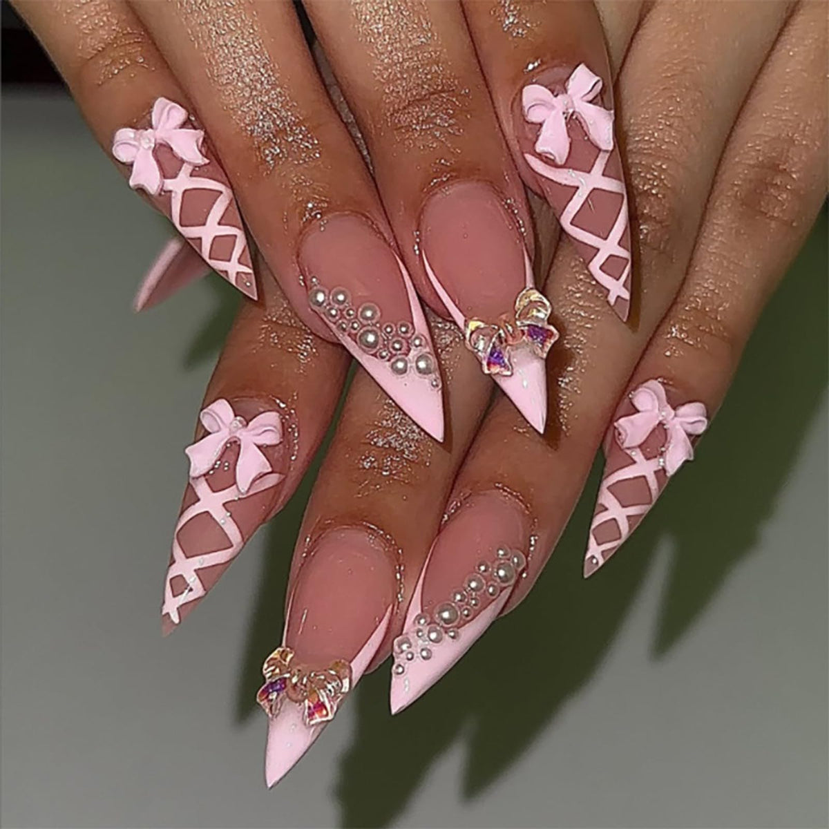 3D Gold Press on Nails Long Stiletto Fake Nails Glossy Nude Blue Full Cover