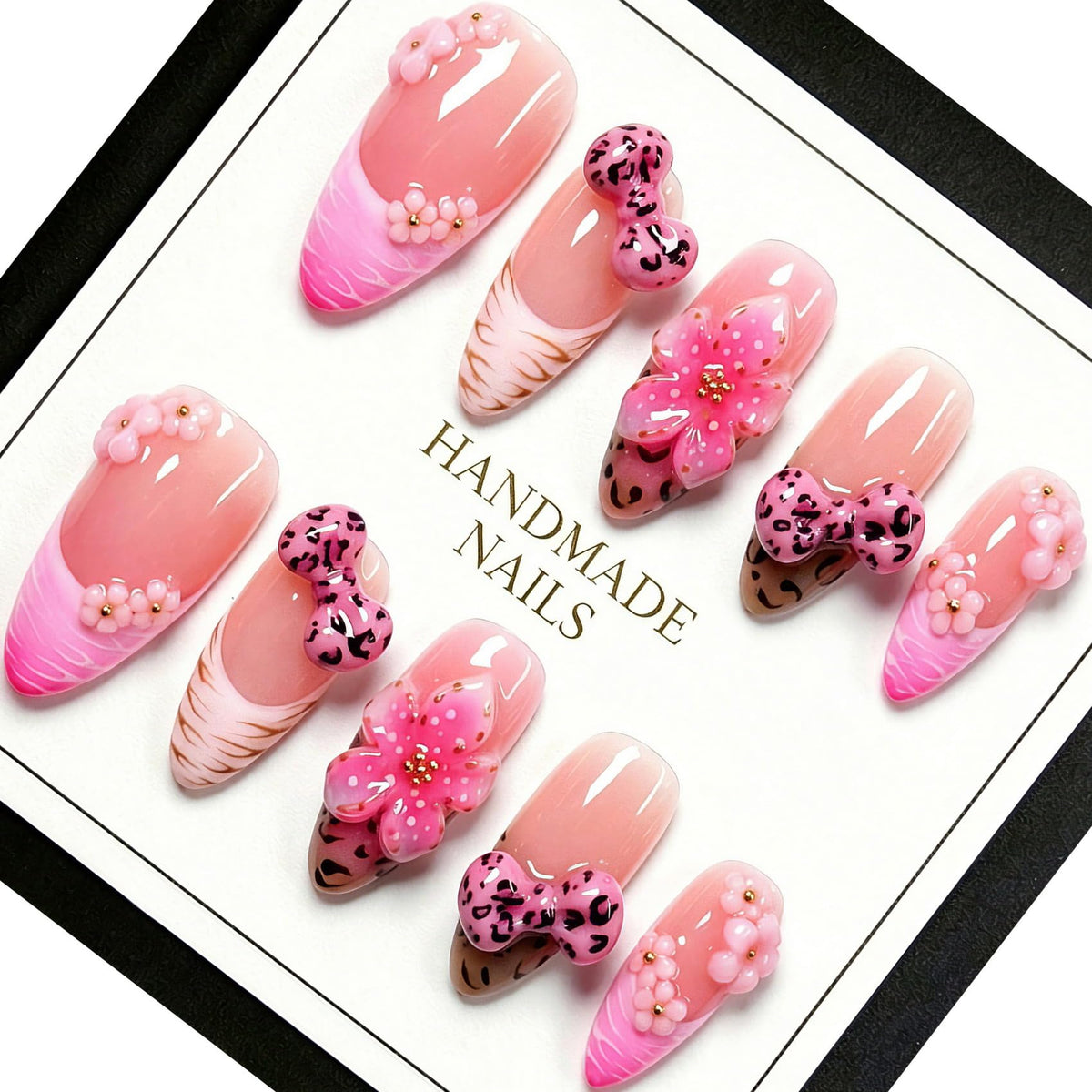 Handmade Almond Press on Nails, Abstract 3D Floral Gold, 10Pcs