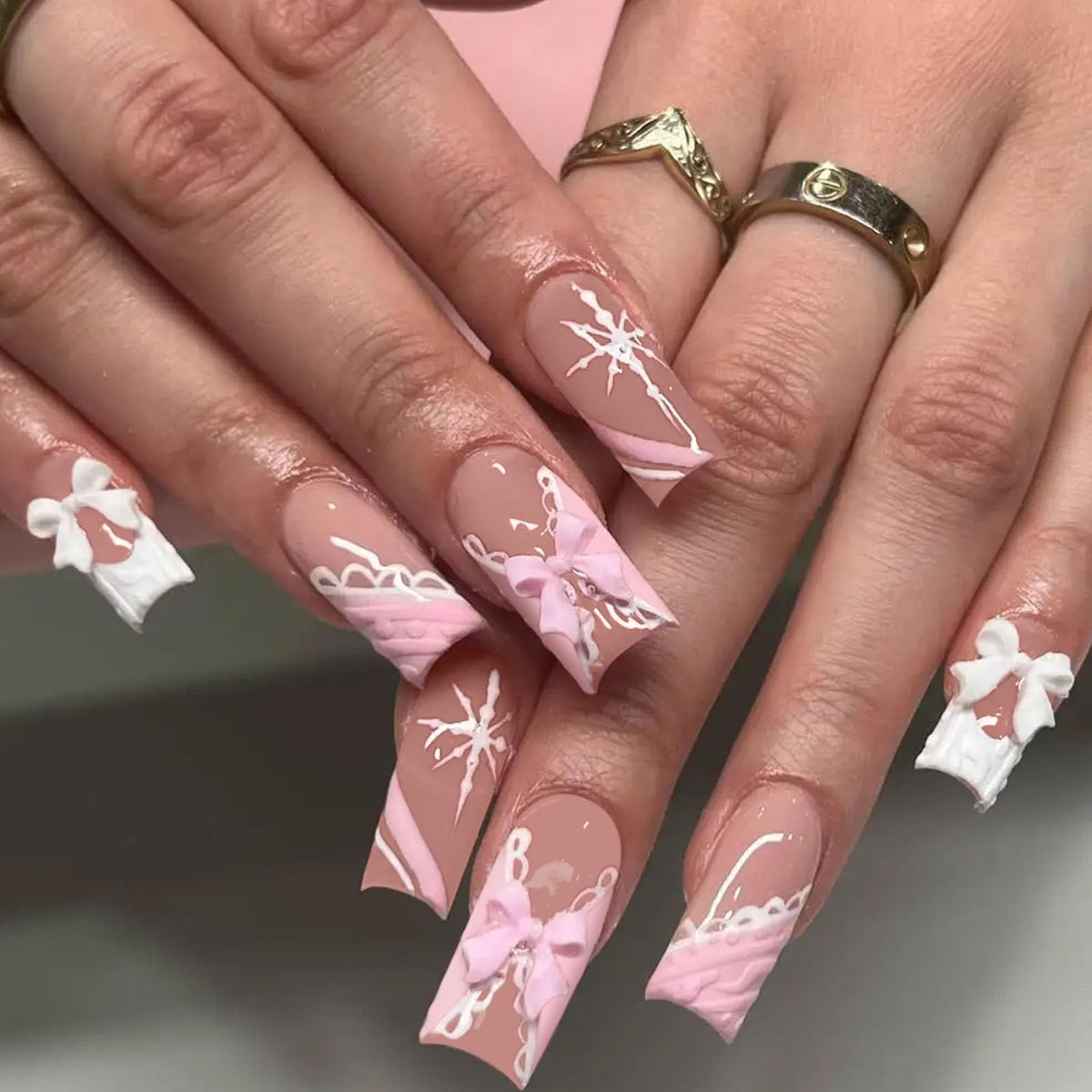 Medium Press on Nails Square White French Tip False Nails with Glitter Design Cute Fake Nails Light Pink Full Cover Nails Press ons Glossy Glue on Nails for Girls and Women 24Pcs