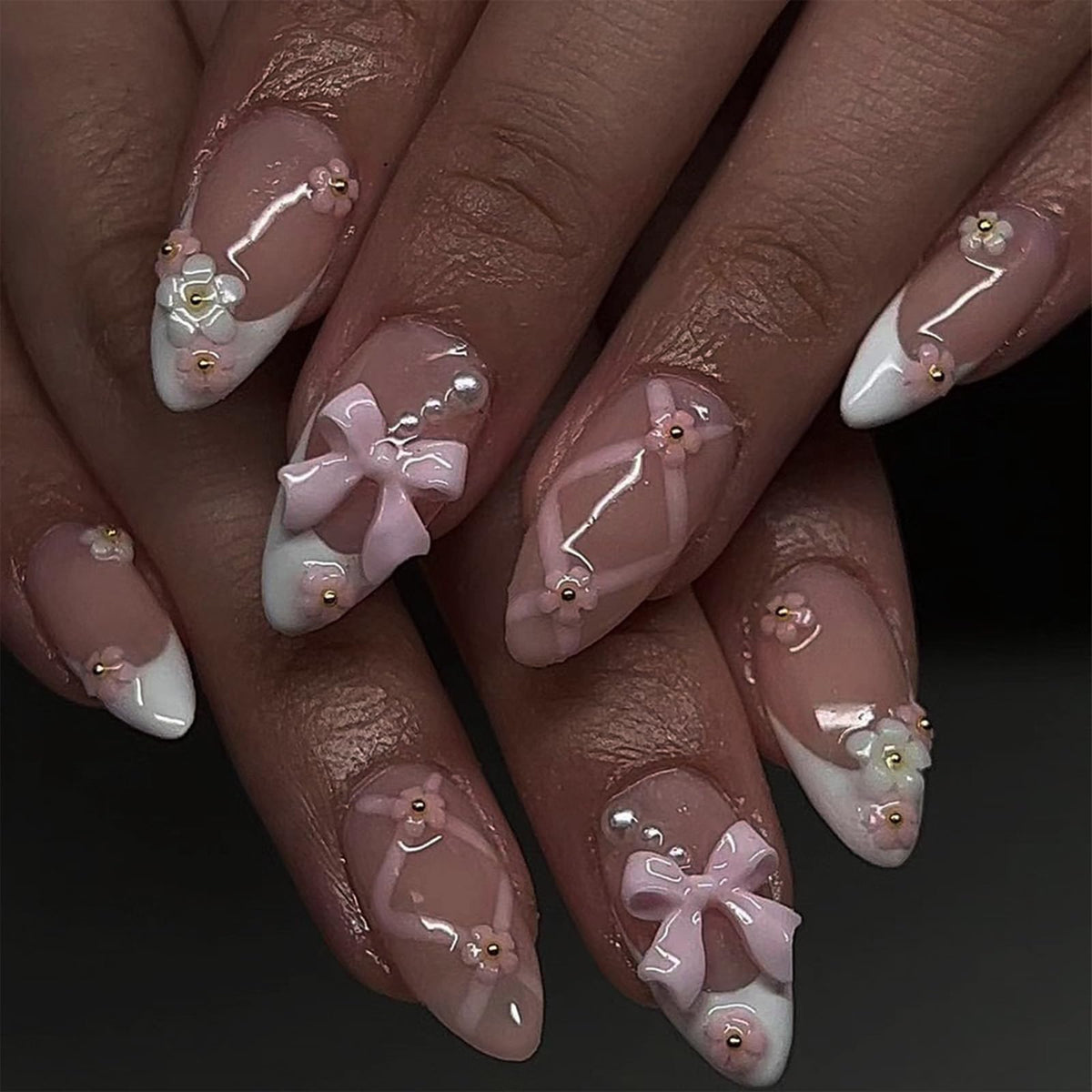 Press On Nails Almond Fake Nails French Tip False Nails Press ons Medium Glue on Nails with Chrome Design for Women Stick on Nail 24Pcs