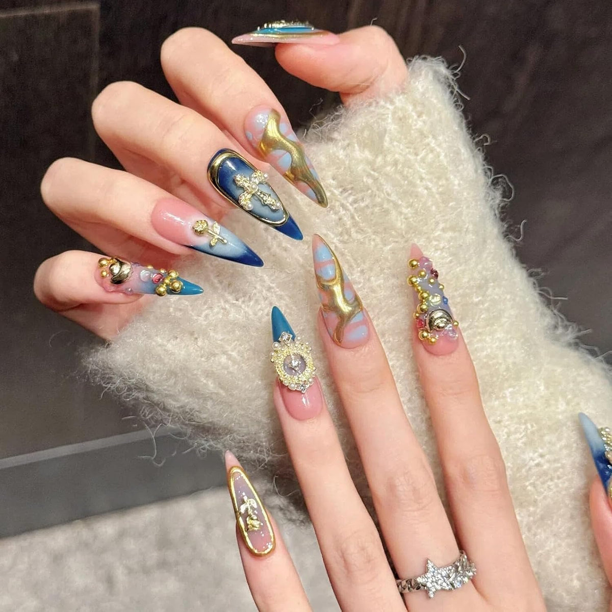 Baroque Gold Charm Press on Nails, Pink Blue Luxury Long Stiletto