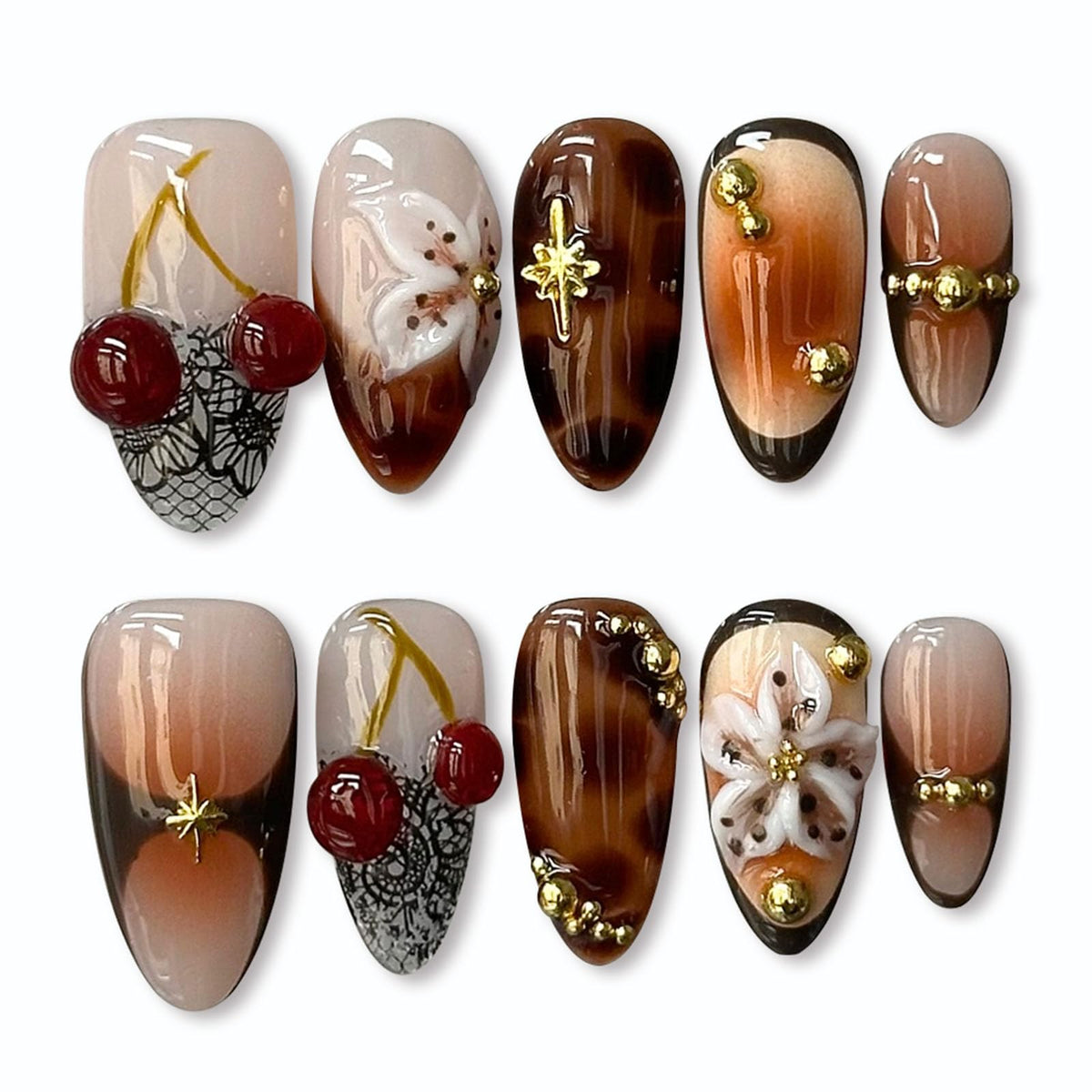 Spring Press on Nails Almond Medium Fake Nails with White Flower Designs French Tip Nails Press ons Light Green False Nails Glossy Glue on Nails Acrylic Nails Nude Stick on Nails for Women 24Pcs