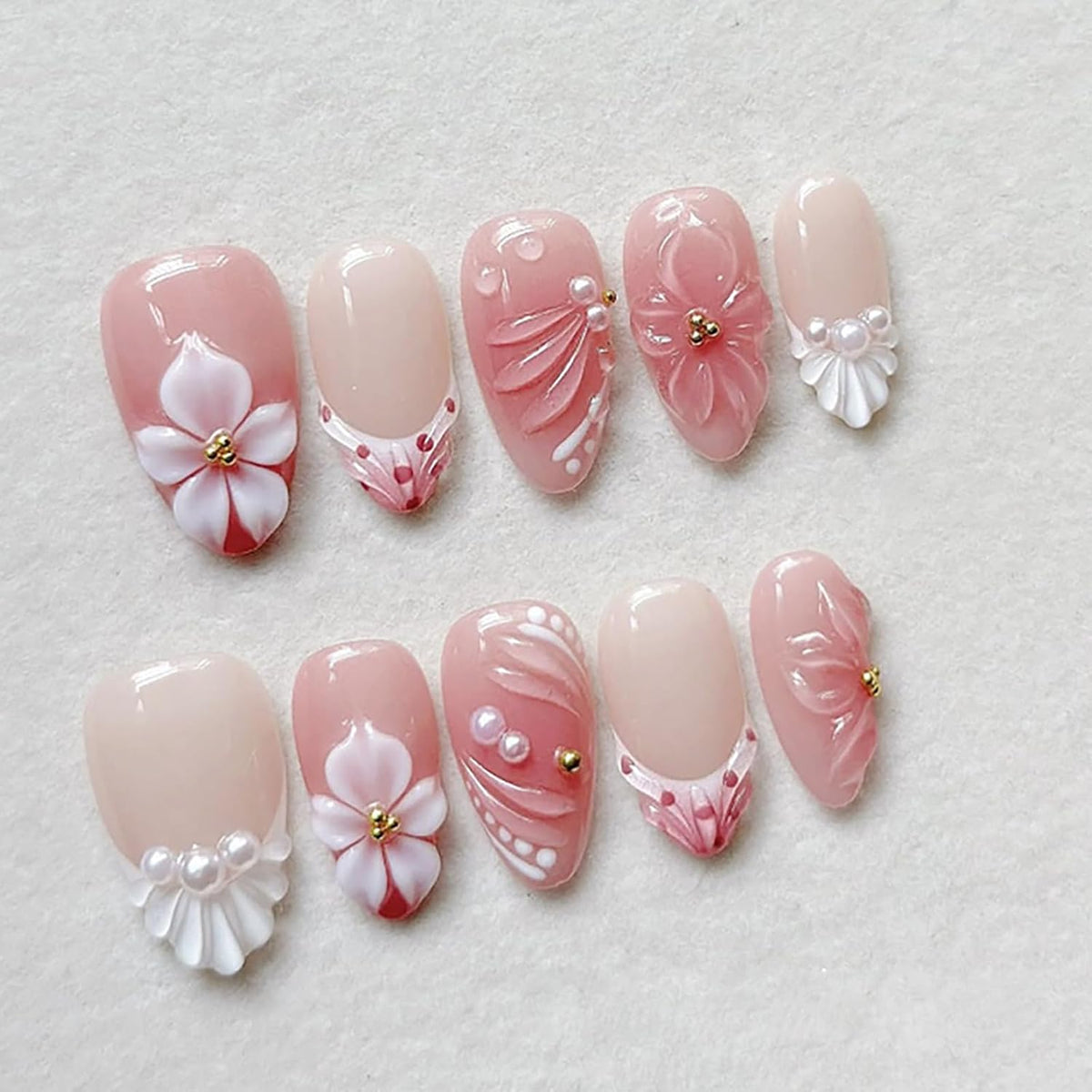 Summer Press on Nails Almond Pink Floral Shell Pearl Gold Dot Fake Women