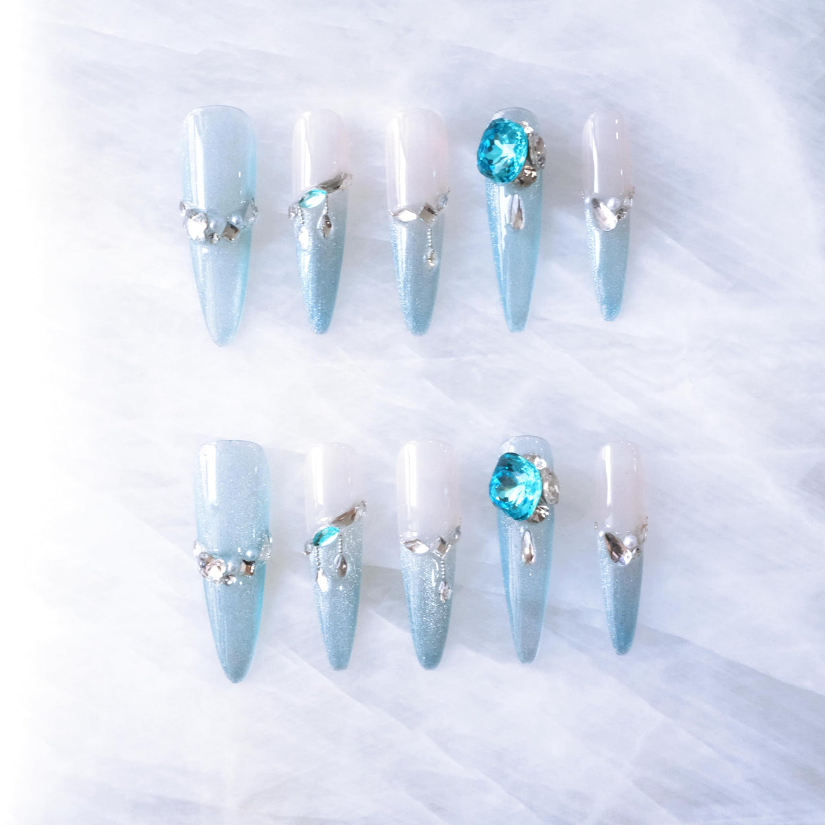 Luxury Handmade Press On Nails, Vintage Bohemian Style, Long Stiletto Shape, Crystal Heart Gems, Gold Stars Design, 10 Pieces (Large, LS)