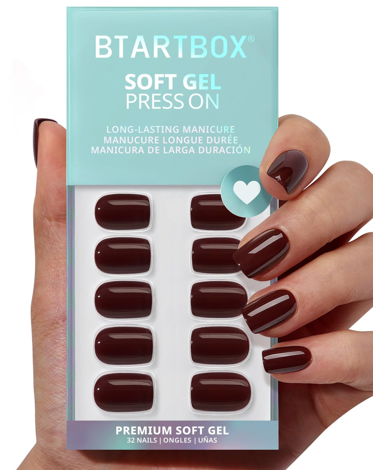 BTArtbox Press On Nails, Short Square Pink Fake Nails, 32Pcs Full Kit