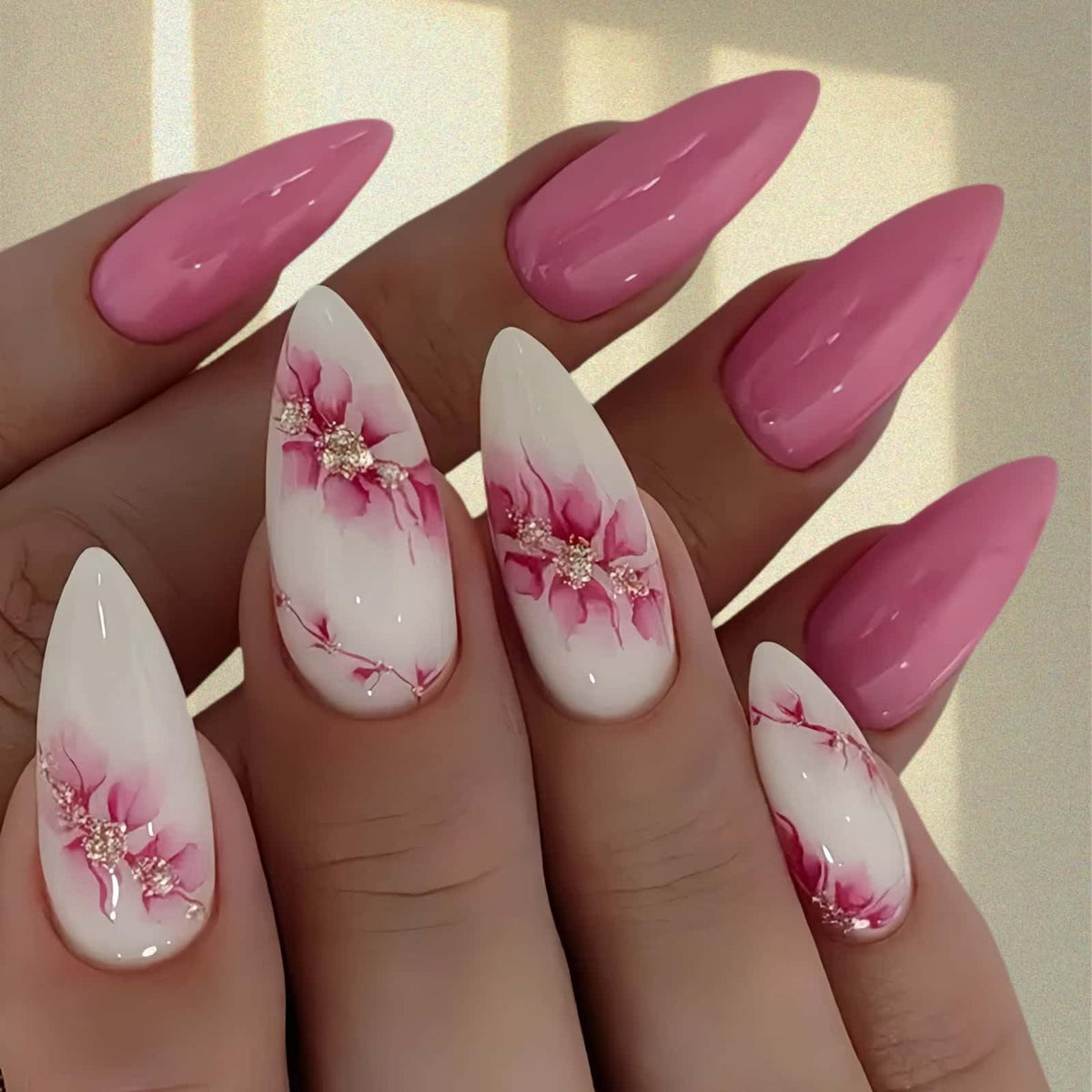 Lace Print Short Almond Press On Nails with 3D Rhinestones 24Pcs