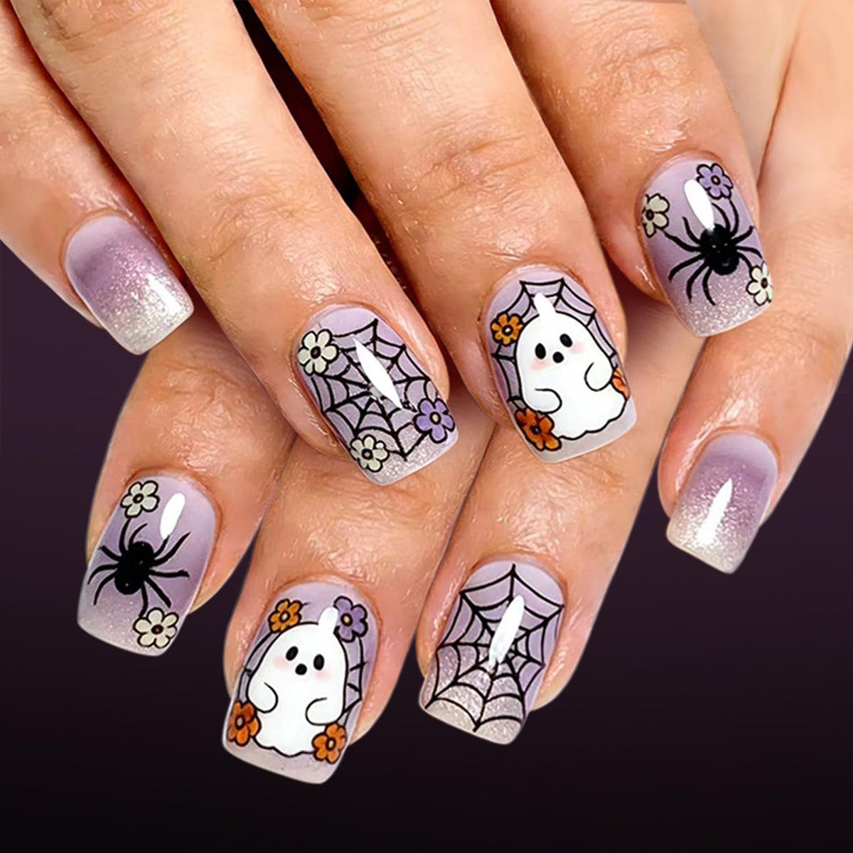 24Pcs White Flower Press on Nails Gold Bead Star French Tip Fake Nails