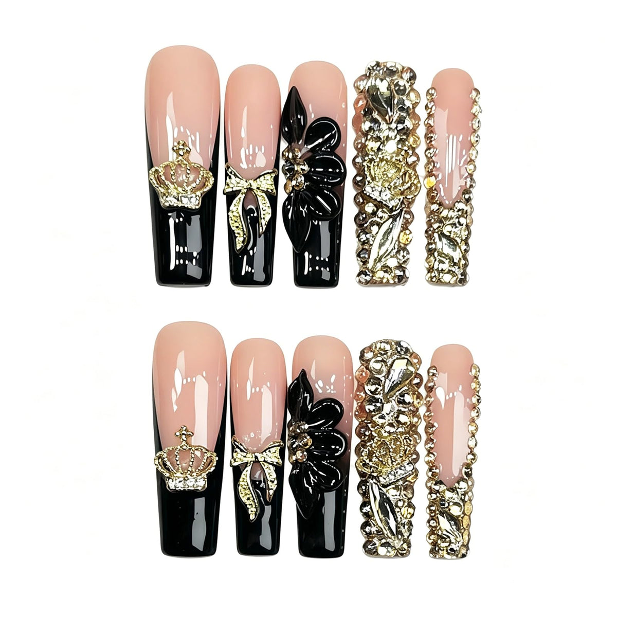 Handmade Press on Nails XL Long Square - Extra Long Orange French Acrylic Fake Nails with 3D Sculpted & Luxury Crystal Gems, Luxury Baddie Reusable False Nails 10 Pack (Size M)