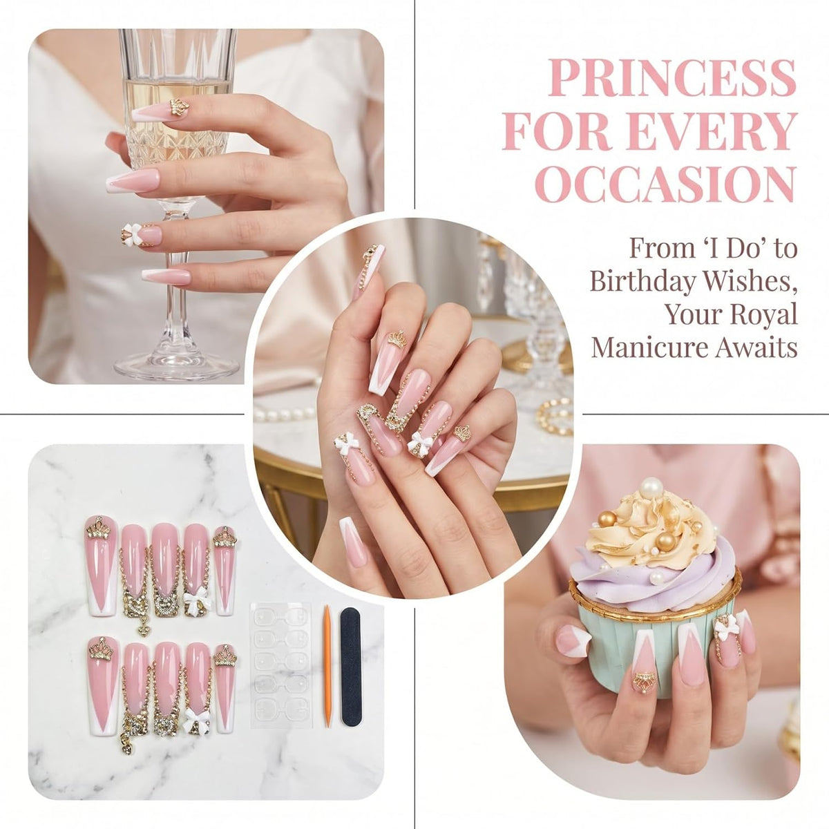 xl Luxury Press on Nails Long Handmade Square Acrylic False Nails French Tip with Bow Rhinestones Designs Fake Stick on Nails for Women Wedding Prom Party Manicure 10Pcs(Size M)