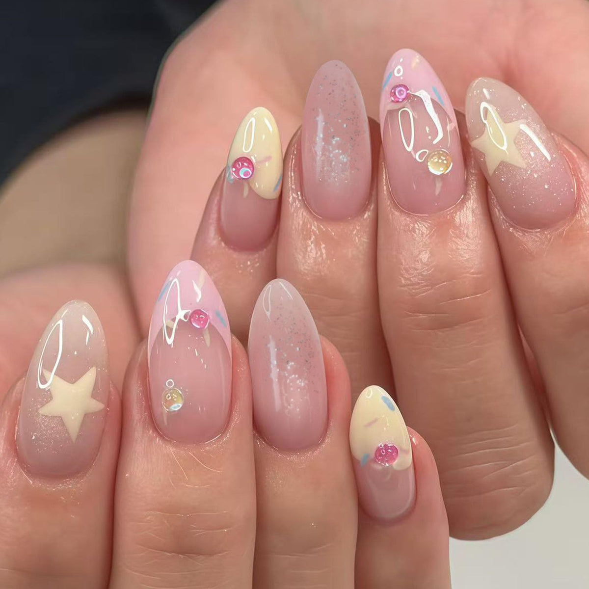 Spring Press on Nails Almond Medium Fake Nails with White Flower Designs French Tip Nails Press ons Light Green False Nails Glossy Glue on Nails Acrylic Nails Nude Stick on Nails for Women 24Pcs