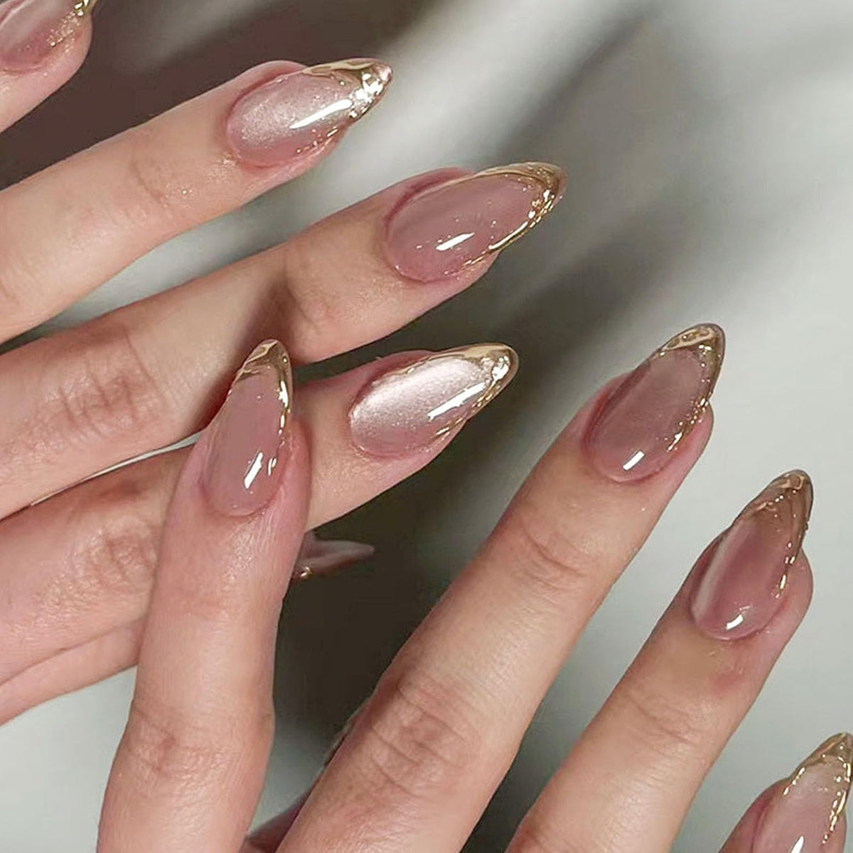 French Tip Press on Nails Almond Medium Fake Nails with Chrome Glitter Designs Nails Press ons Pink Gold Glue on Nails Natural False Nails Glossy Artificial Nails Simple Stick on Nails for Women 24Pcs