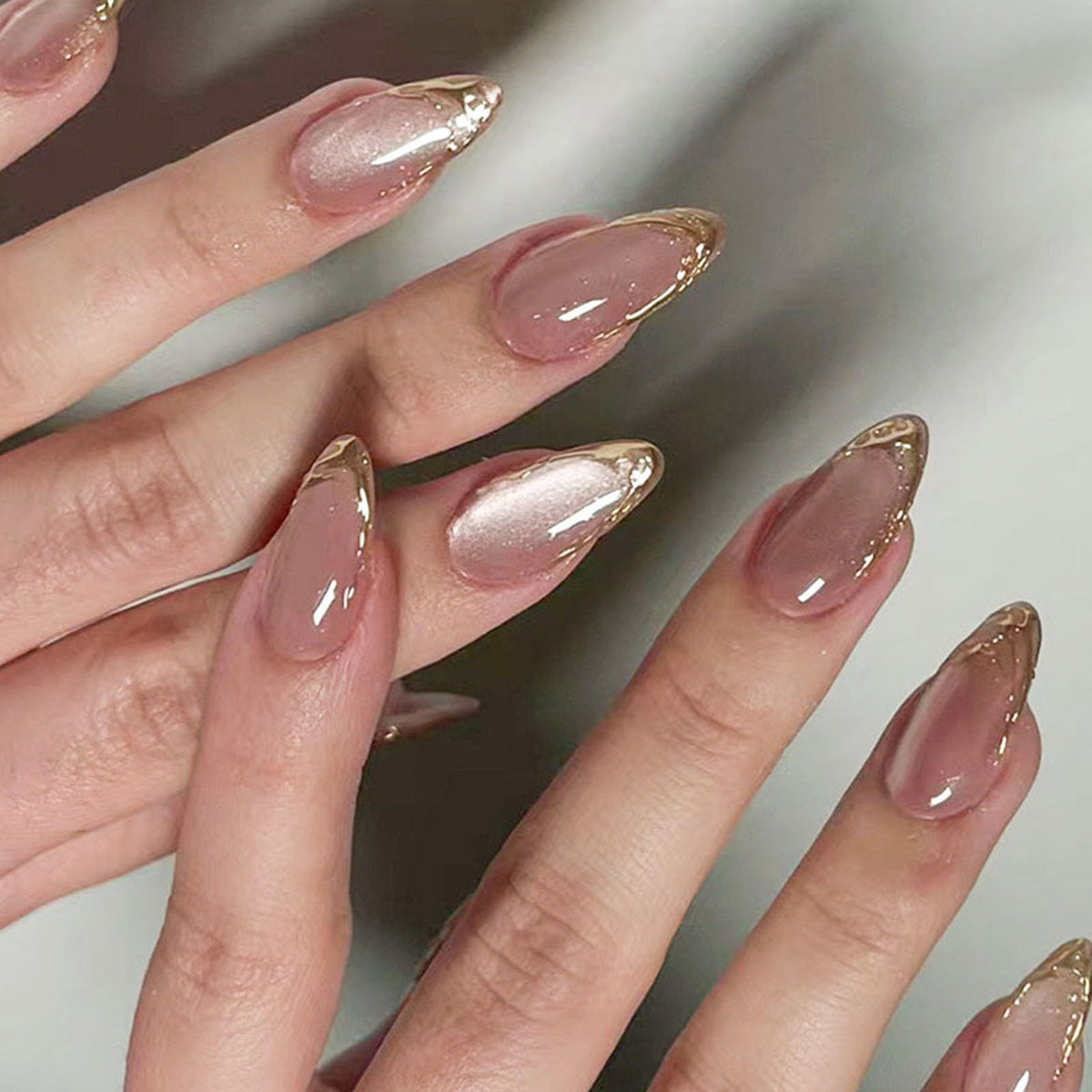 French Tip Press on Nails Almond Medium Fake Nails with Chrome Glitter Designs Nails Press ons Pink Gold Glue on Nails Natural False Nails Glossy Artificial Nails Simple Stick on Nails for Women 24Pcs