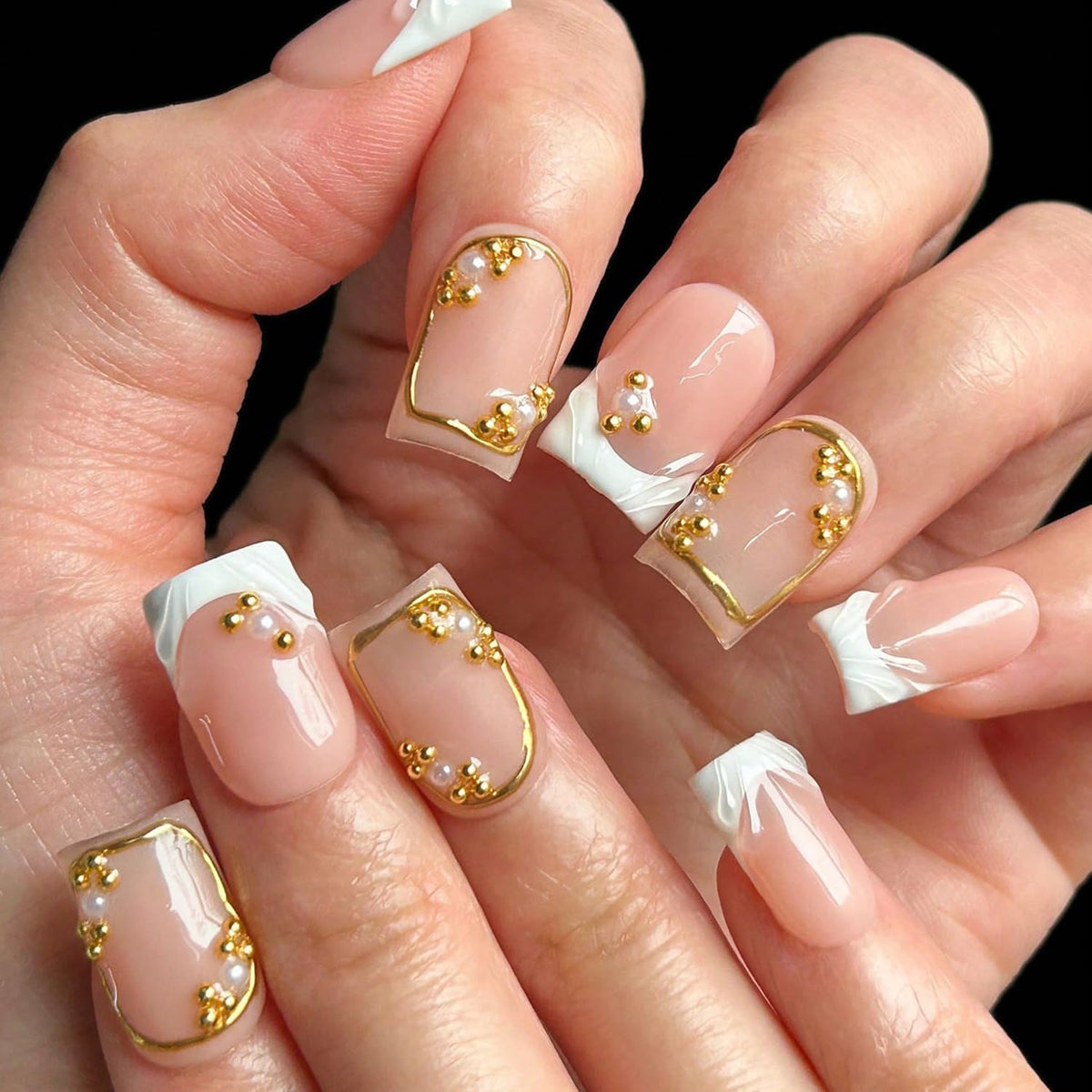 Handmade Press On Nails Short Square Nude 10PCS French Tip Fake Nails with 3D Gold Pearl Charms, Hand Painted Luxury Reusable Stick On Nails for Wedding Bridal Prom(M)