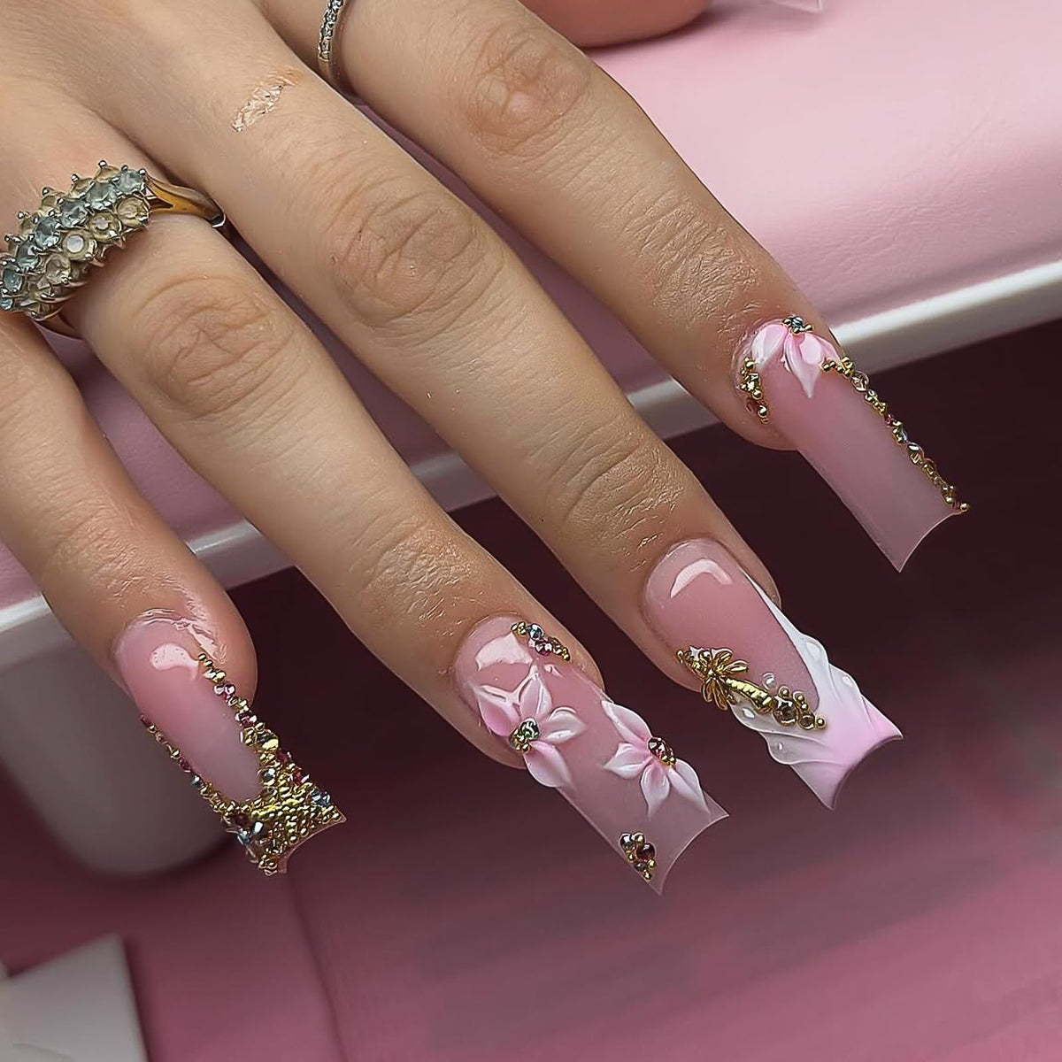Press on Nails Long Square - 3D Flower Fake Nails with Pearls Design, Luxury Gold Chrome Butterfly French Tip Baroque Baddie False Nails for Women, 24 Pcs