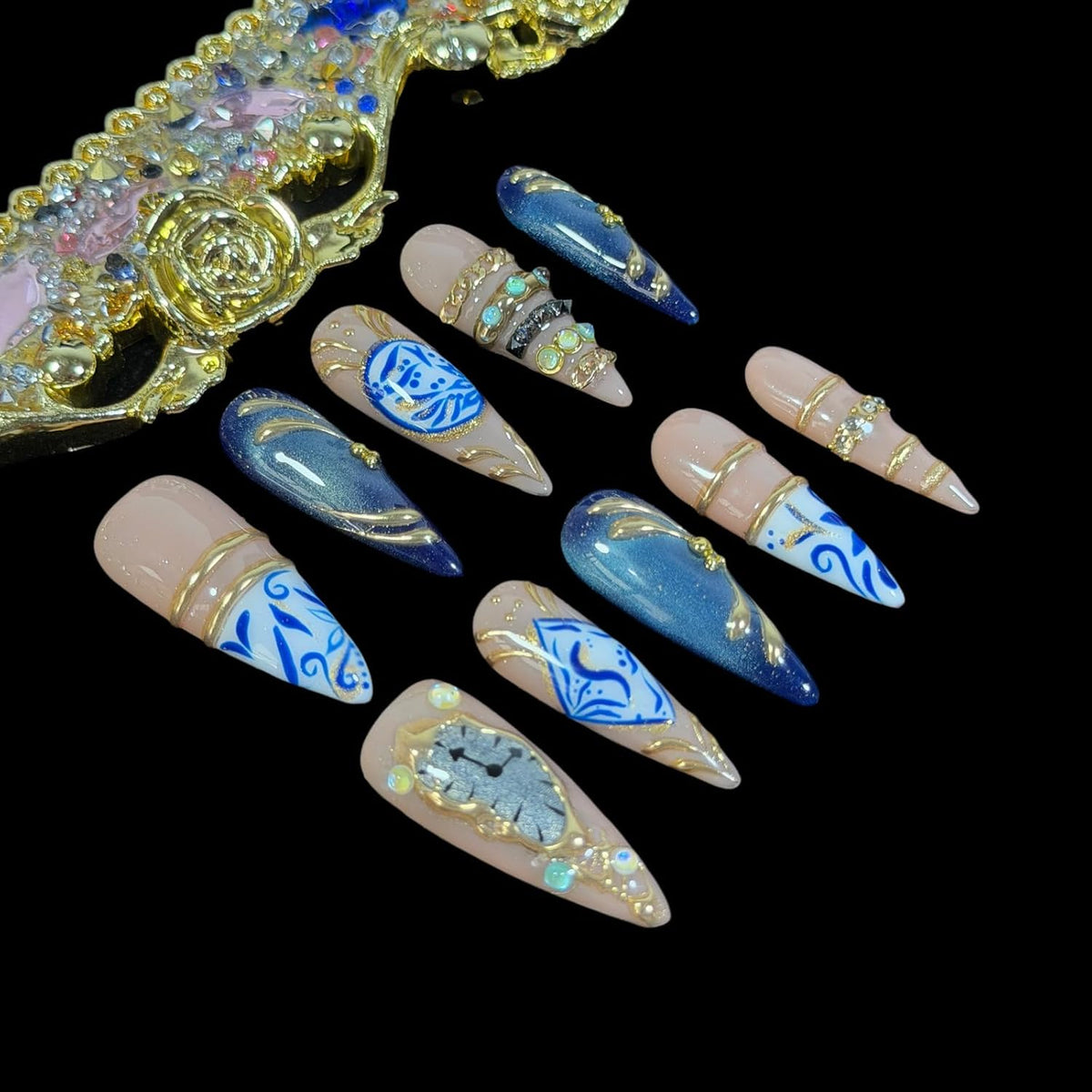 Handmade Press On Nails Ring Jewelry Inspired Navy Blue (L)