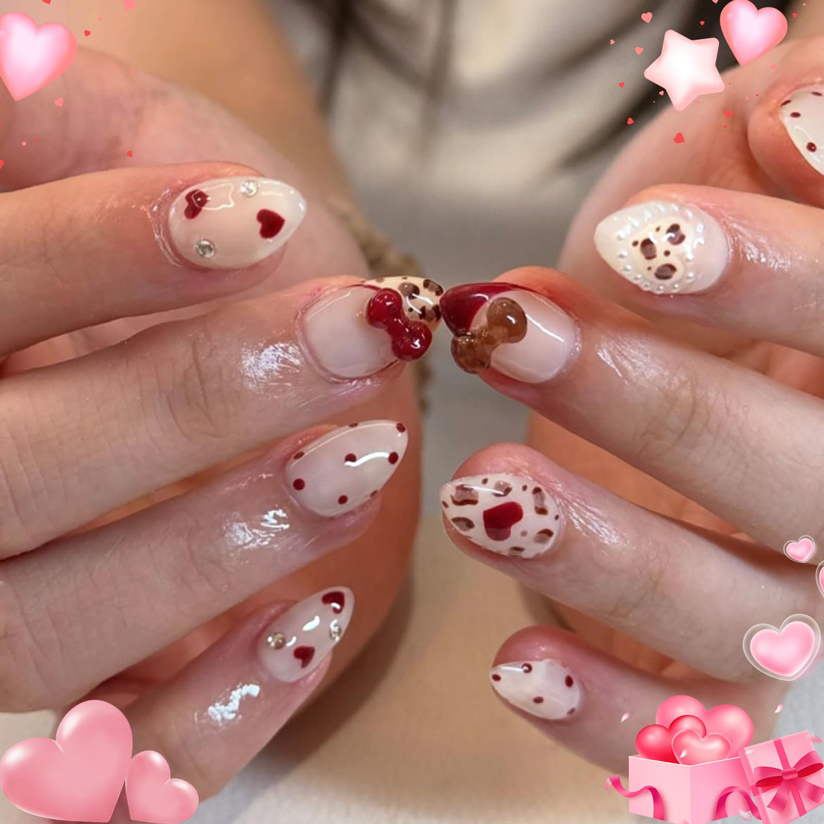 HOSAILY Luxury Press on Nails Medium Almond Rhinestones French Designs Fake Nails, 24PCS Glossy Sparkle Colorful Gems Stick on Nails for Women Party Daily Wear
