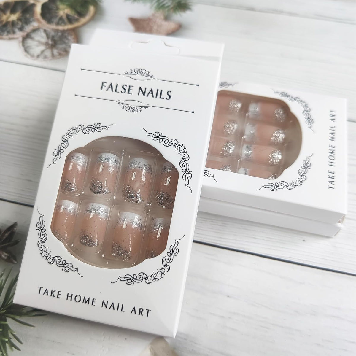 White French Tips Press on Nails 24Pcs Glossy Silver Glitter Acrylic Fake Nails Sparkly False Nail Milky Way Gel Glue on Nail Stars Stick on Medium Square Fingernails for Coquette Women Girls
