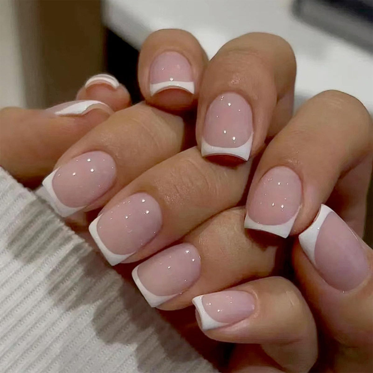 Short Press on Nails Square Nude Ombre Fake Nails Press ons White Glue Stick on Nails with Designs Full Cover Acrylic Glossy Artificial Cute False Nail for Women Girls 24 Pcs
