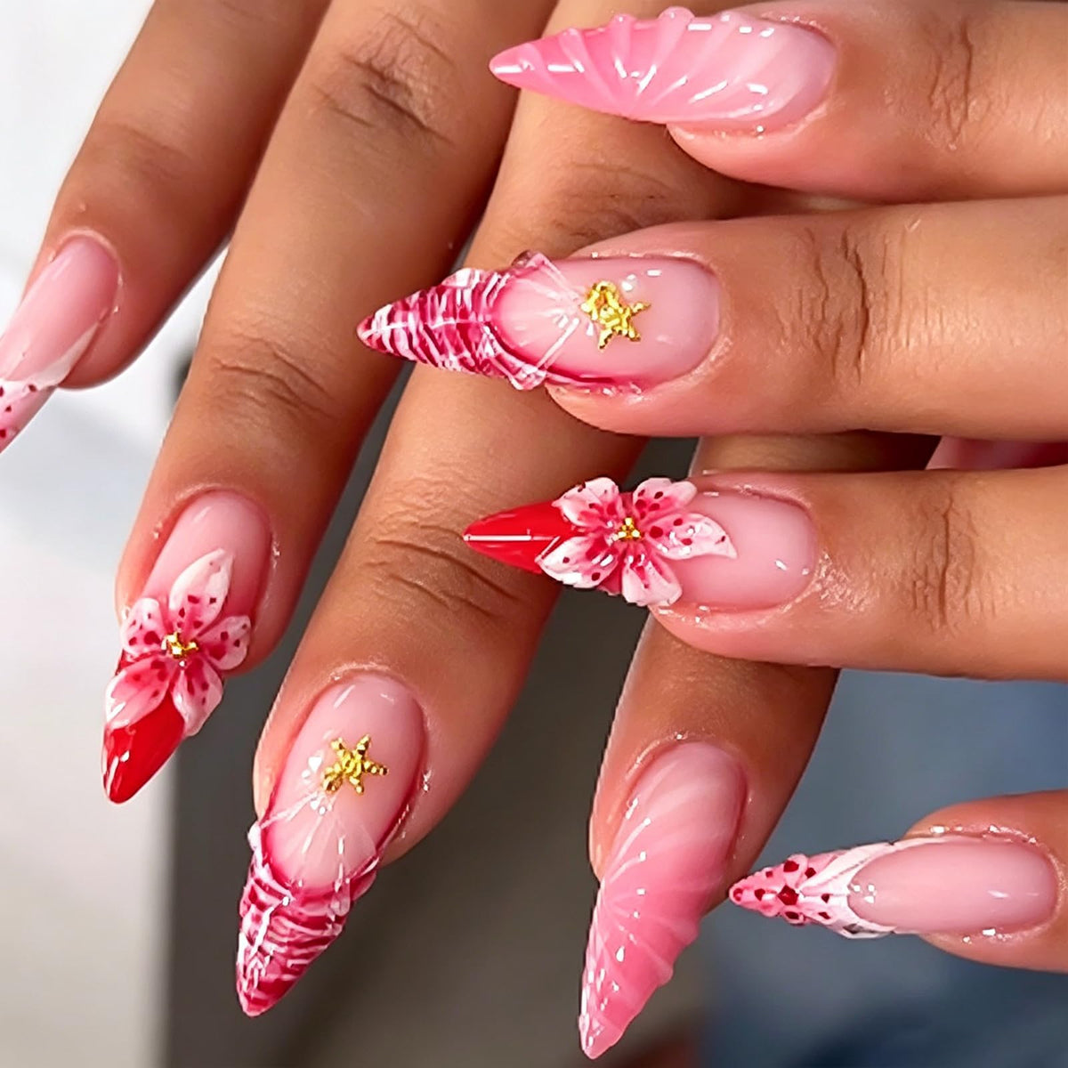Press on Nails Medium Almond - 3D Red Hibiscus Flower Olive Green Fake Nails, Jade Agate Retro Stick on False Nails for Women & Girls, 30 Pcs