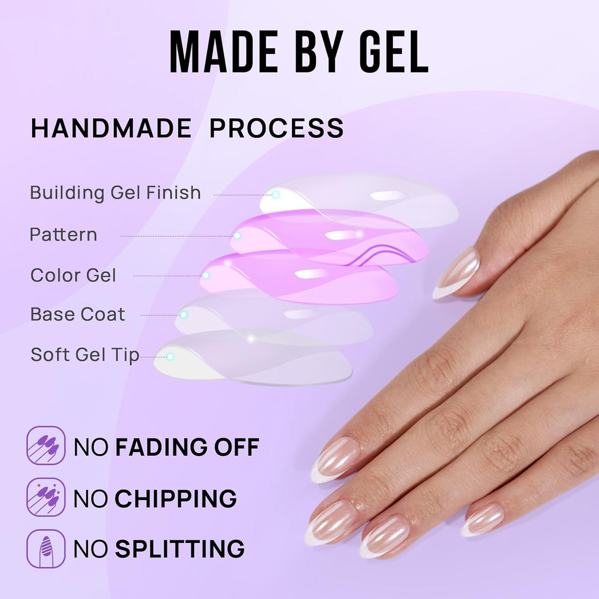 BTArtbox Press On Nails, Short Almond French Tip Nails, 32Pcs Full Kit