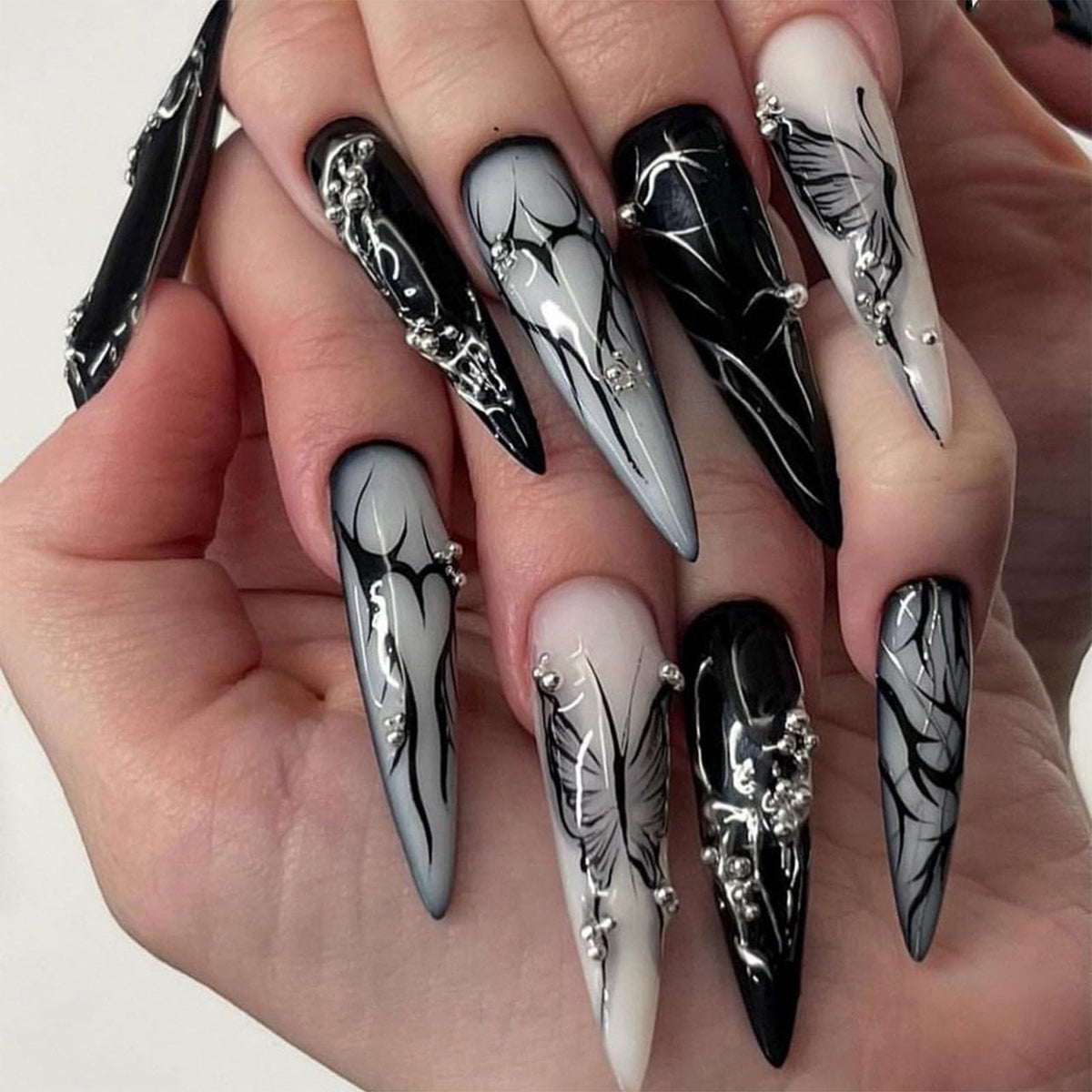 IMRAIN Long Press on Nails Stiletto Pink Fake Nails Rhinestone & Flower Designs Glossy Glue on Acrylic Nails Full Cover Luxury Bling Handmade Stick on False Nails for Women 24Pcs