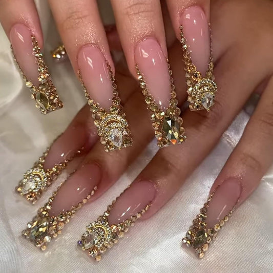 Long Square Press on Nails Bling Gold Chain & Crystal Nails,Fake Nails Artificial Stick on Nails for Women, Nude Pink Glam Prom Wedding Nails with Diamonds