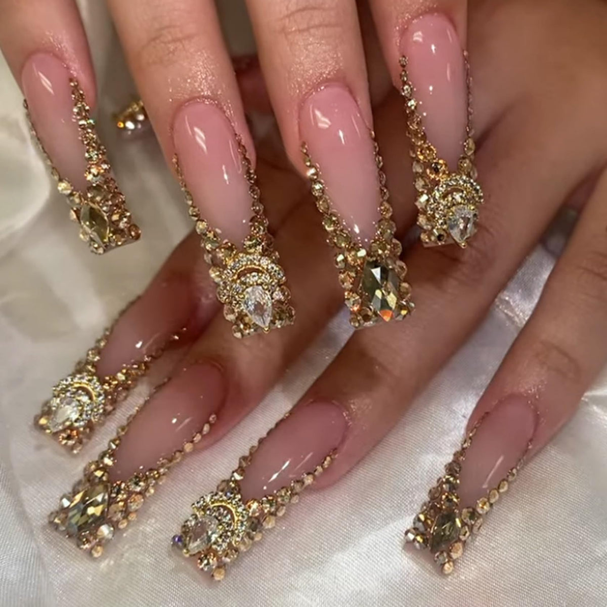 Long Square Press on Nails Bling Gold Chain & Crystal Nails,Fake Nails Artificial Stick on Nails for Women, Nude Pink Glam Prom Wedding Nails with Diamonds