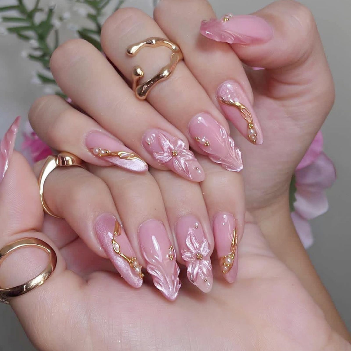 IMRAIN Medium Almond Silver Glitter French Tips False Nails with Rhinestone Designs - Glossy Full Cover Glue on Artificial Stiletto Nude Nails for Women Girls - 24 Pcs