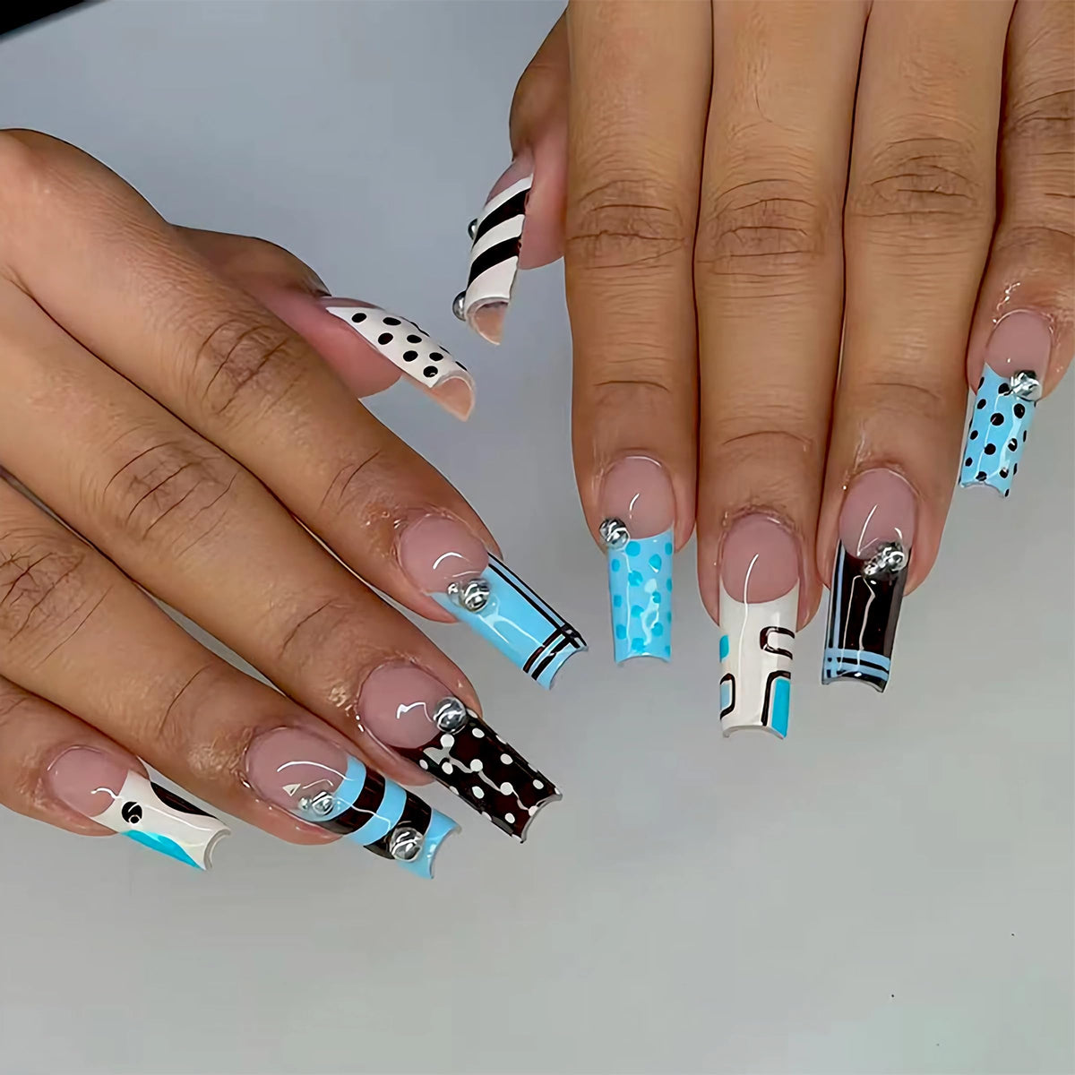BABALAL Press on Nails, Extra Long Square Fake Nails, Gold Chrome French Tip, Luxury Rhinestone & Star Charm Design, Bling Shiny Reusable Glue on Nails 24Pcs