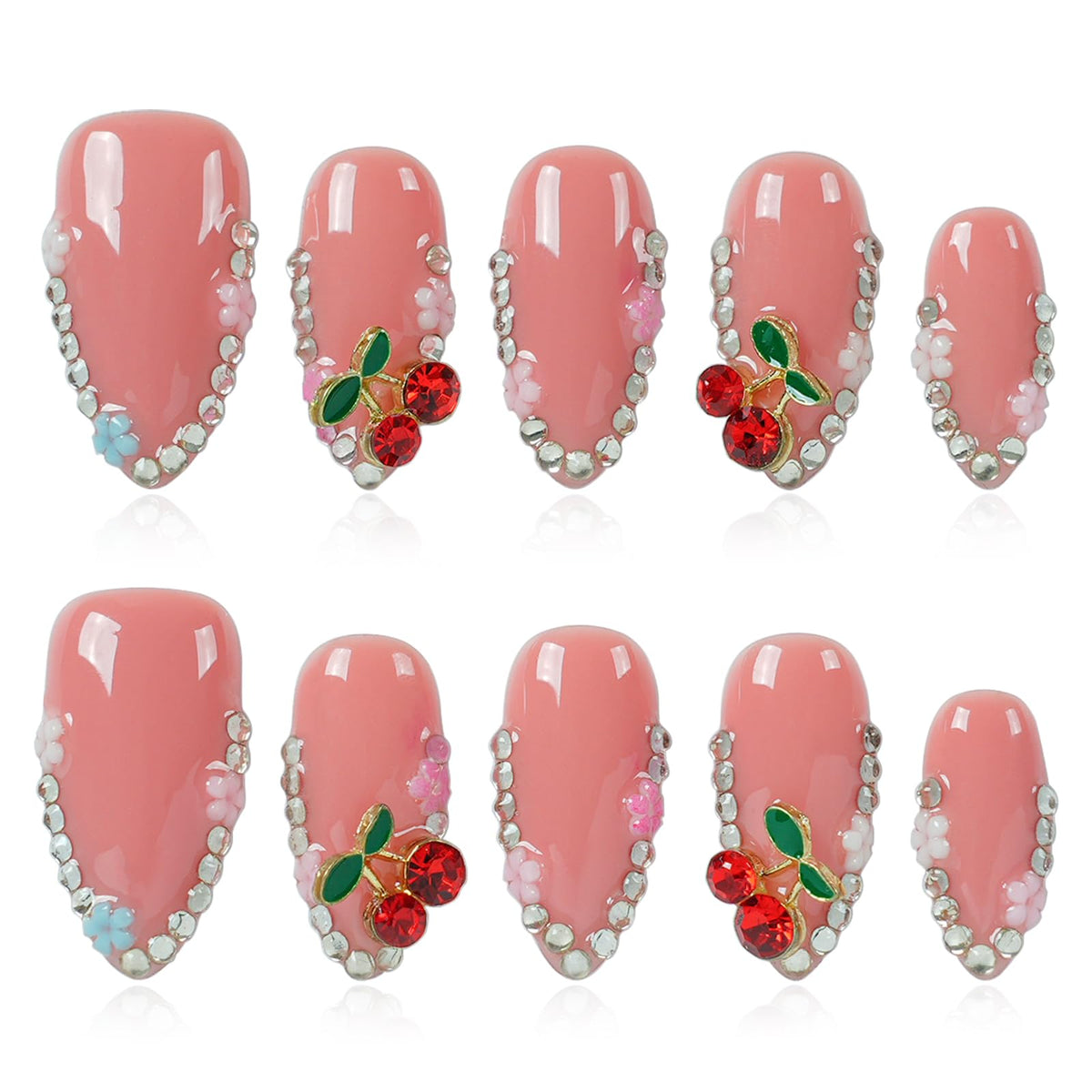 Gothic 3D Floral Press on Nails Medium Almond - Gold Cross & Rhinestone Design, Handmade Pearl Luxury Dark Romantic Reusable Nails (Orange Diamond Sweet Luxury,L)