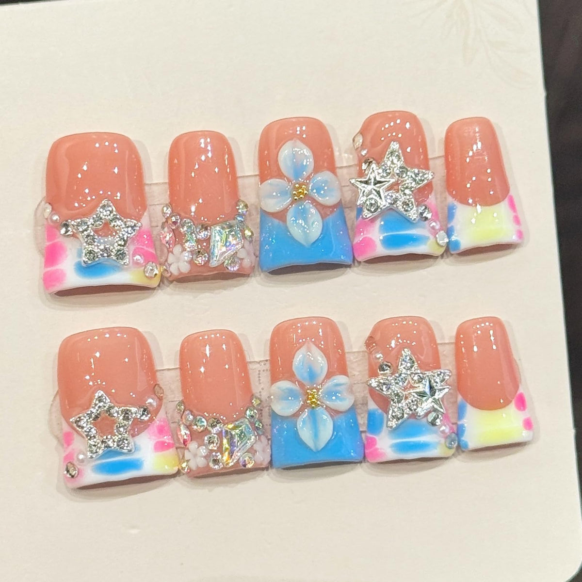 Nude Jelly Press on Nails Long Coffin, Handmade Luxury Rhinestone False Nails with Crystal & Pearl, Glossy Nude Ballerina Fake Nails Reusable Stick On Nails Set for Women 10Pcs