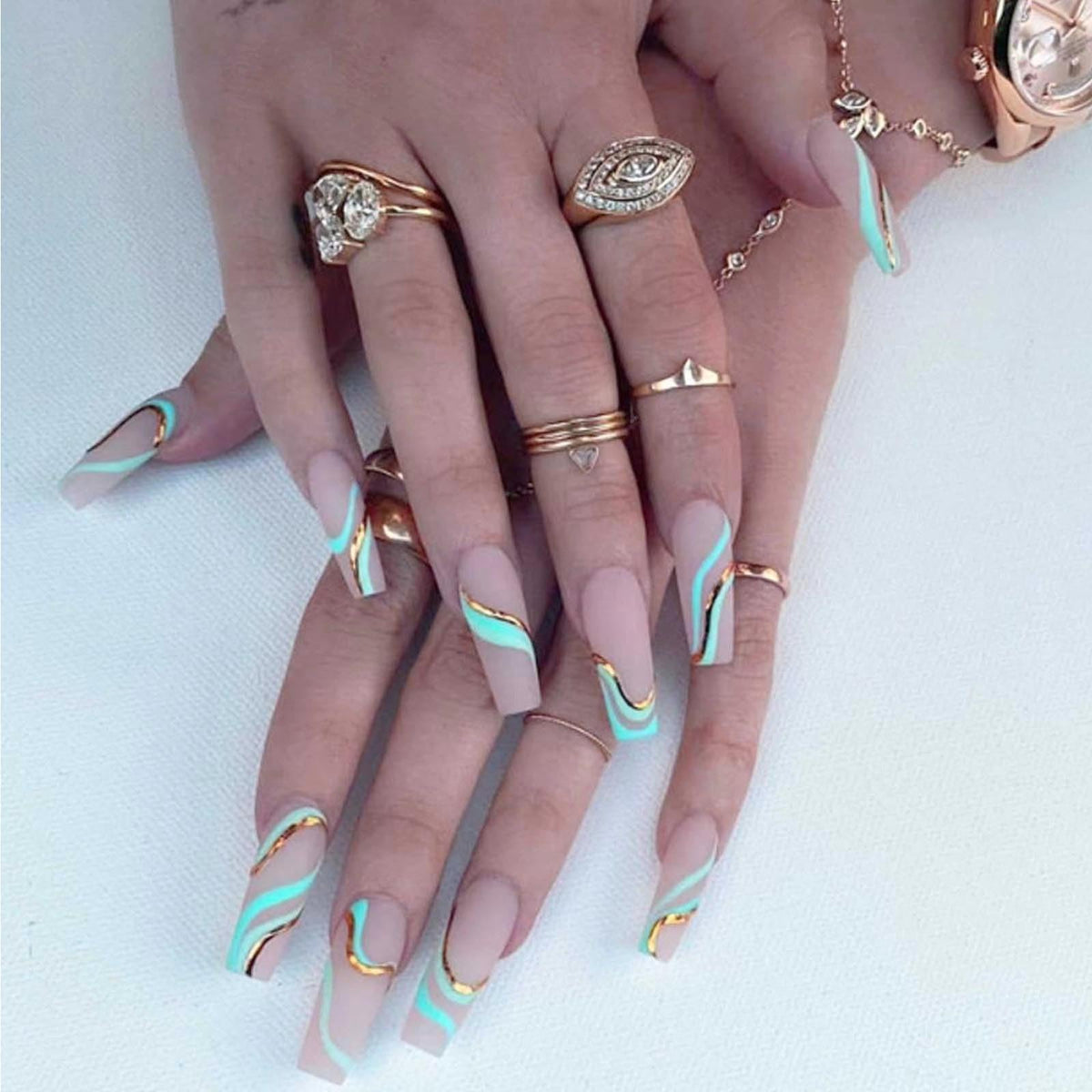 Long Press on Nails Square French Fake Nails Full Cover Nude Acrylic False Nails for Women and Girls 24PCS (Gold Shiny)